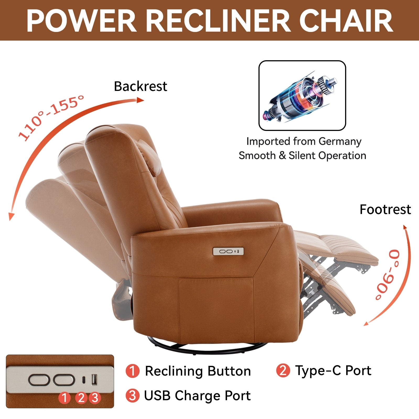 Fauteuil inclinable pivotant électrique avec rotation à 270°, fonction bascule, soutien lombaire et cervical, et ports de charge USB/Type-C