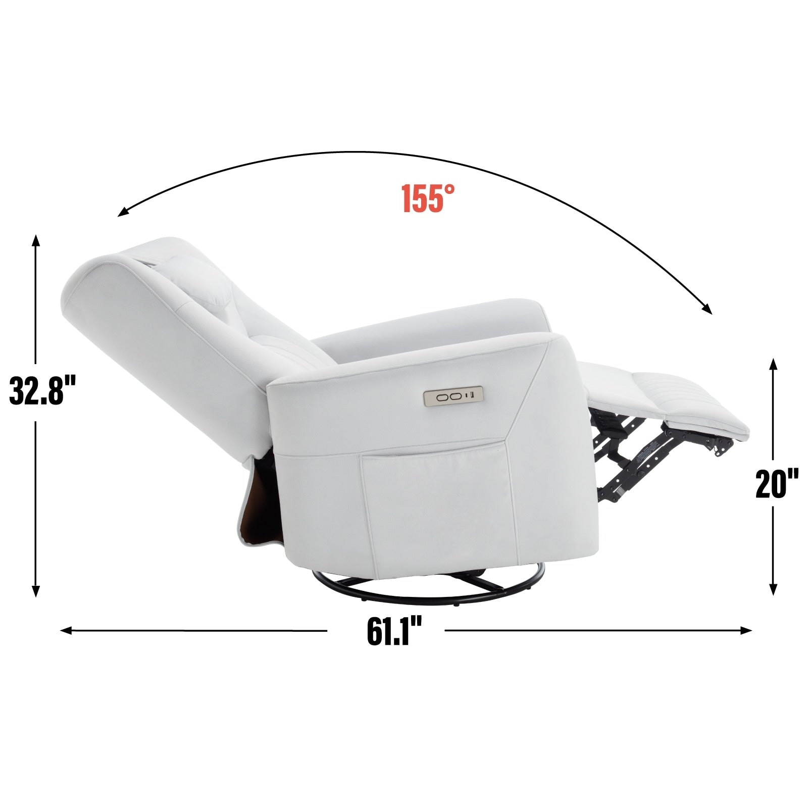 Fauteuil inclinable pivotant électrique avec rotation à 270°, fonction bascule, soutien lombaire et cervical, et ports de charge USB/Type-C