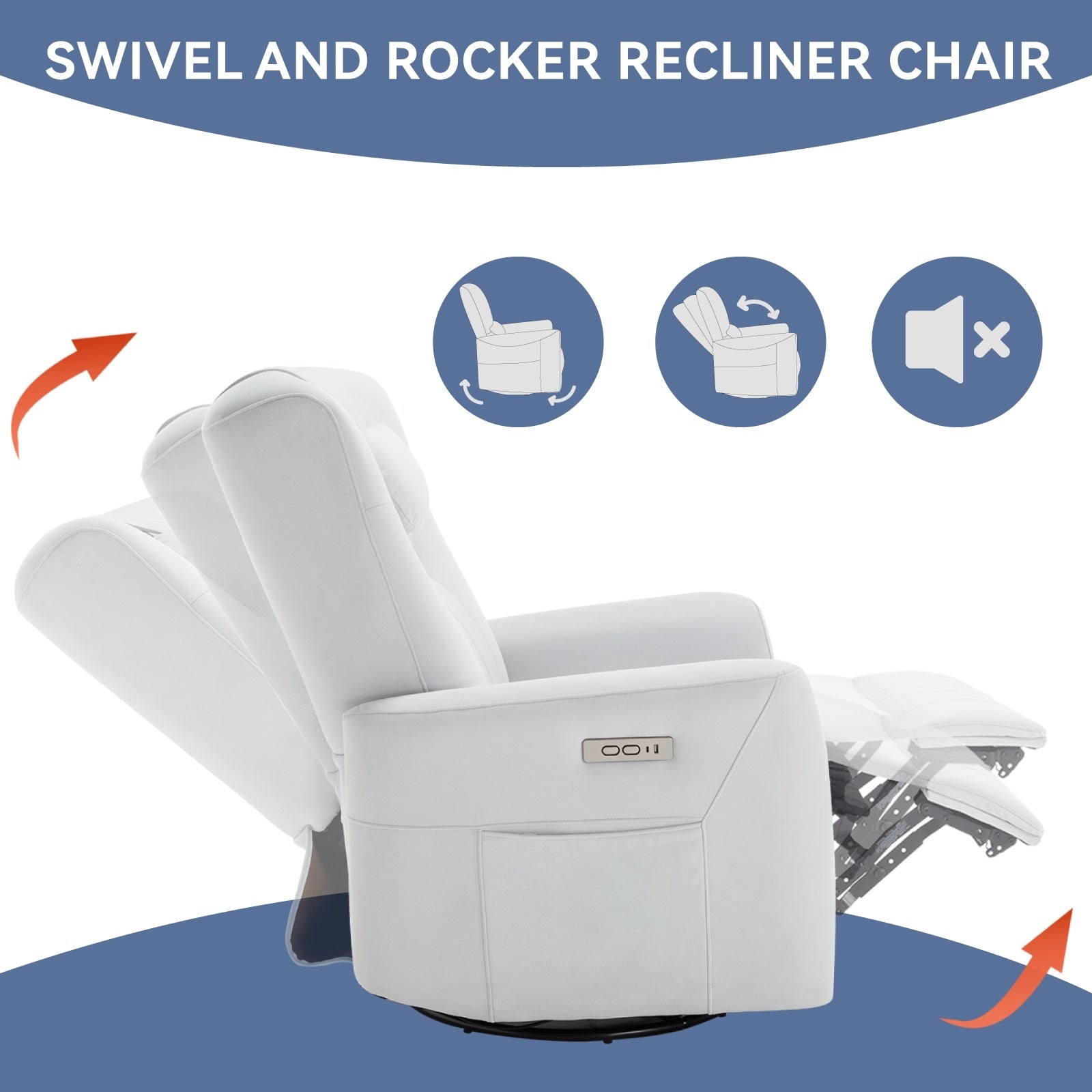 Fauteuil inclinable pivotant électrique avec rotation à 270°, fonction bascule, soutien lombaire et cervical, et ports de charge USB/Type-C