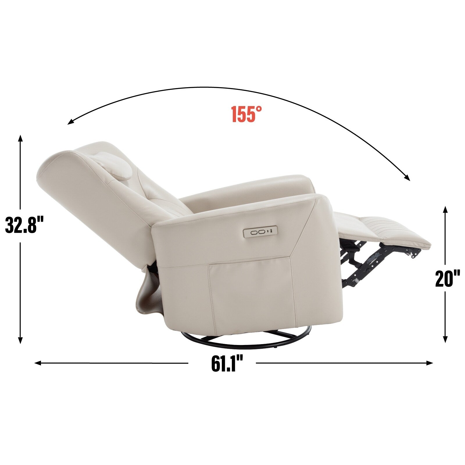 Fauteuil inclinable pivotant électrique avec rotation à 270°, fonction bascule, soutien lombaire et cervical, et ports de charge USB/Type-C