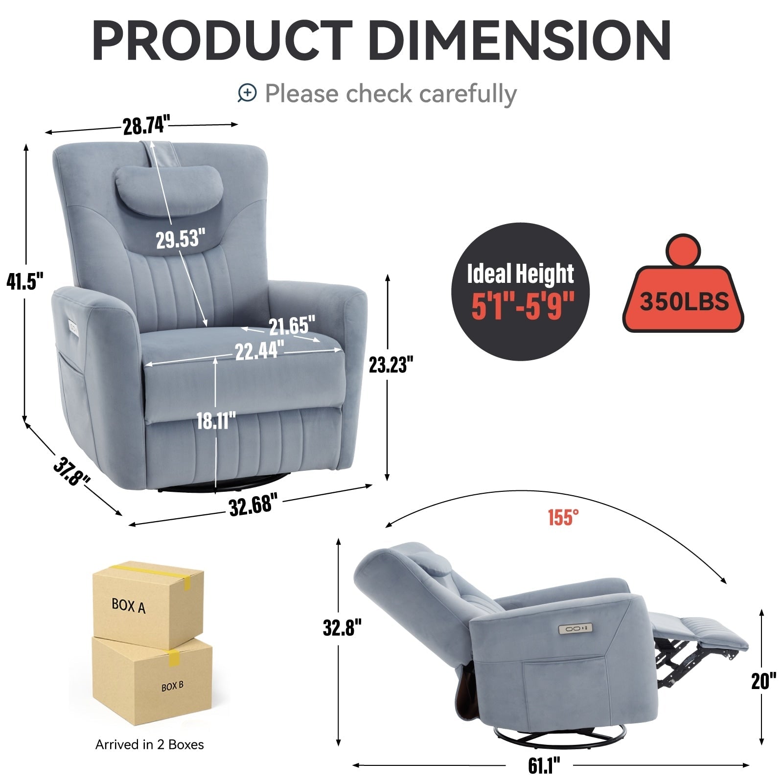 Fauteuil inclinable pivotant électrique avec rotation à 270°, fonction bascule, soutien lombaire et cervical, et ports de charge USB/Type-C