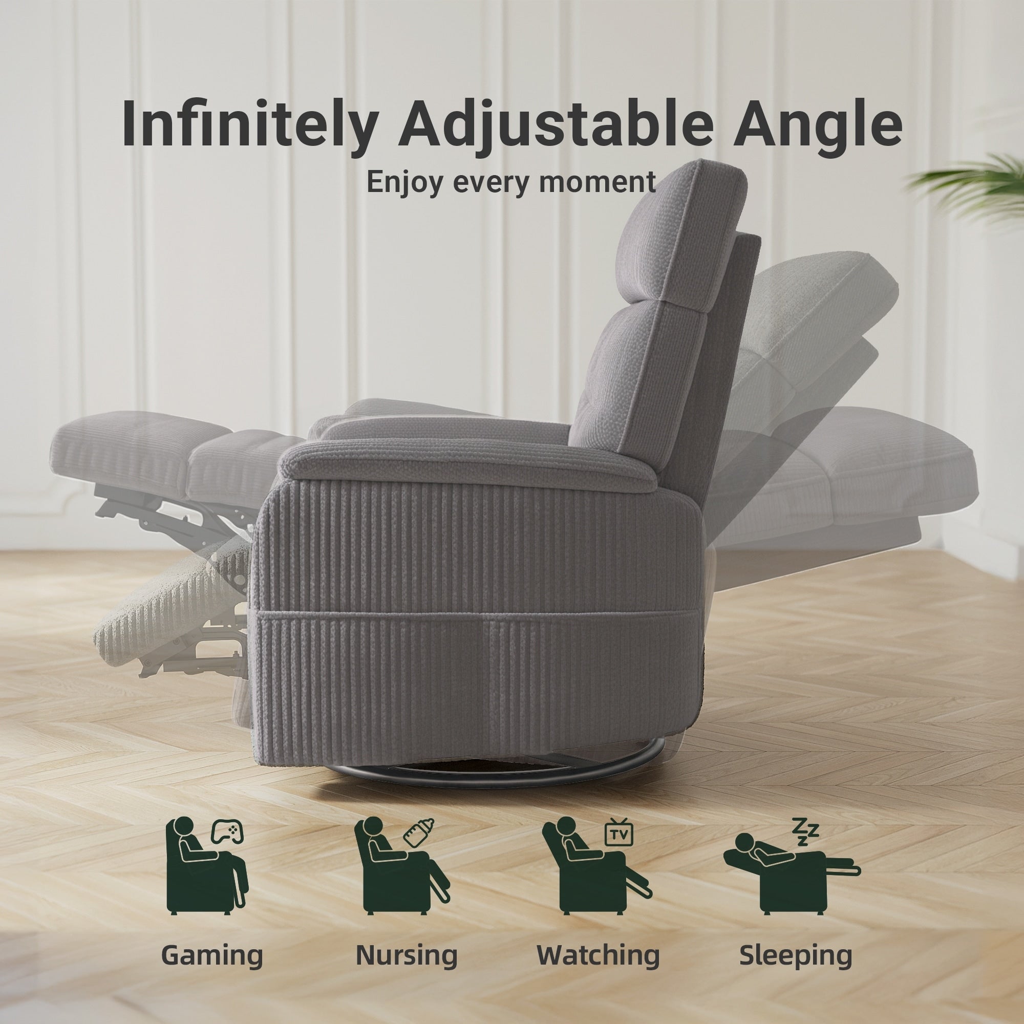 Fauteuil inclinable pivotant électrique - Fauteuil inclinable surdimensionné et robuste avec ports USB/Type-C, revêtement en velours côtelé moelleux