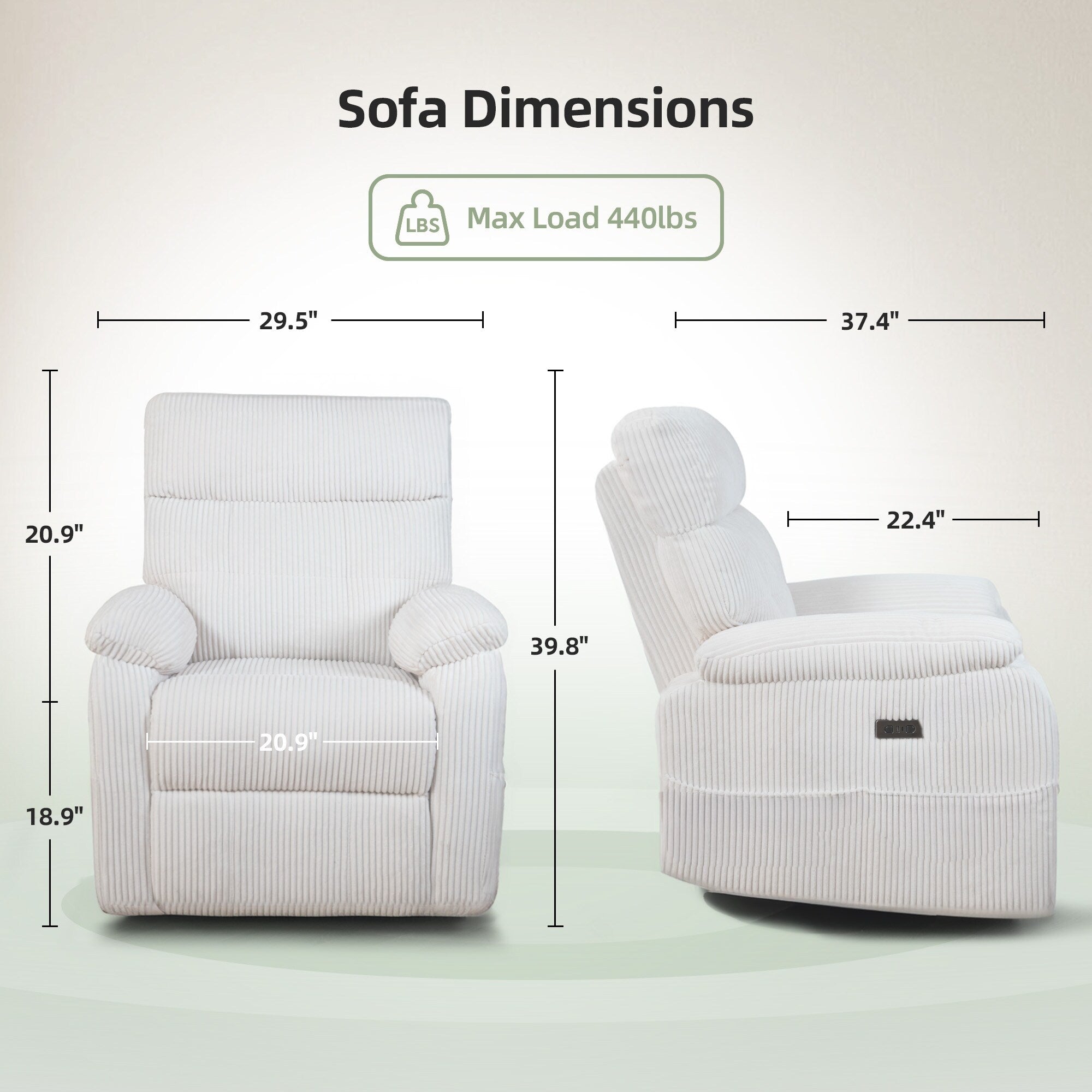 Fauteuil inclinable pivotant électrique - Fauteuil inclinable surdimensionné et robuste avec ports USB/Type-C, revêtement en velours côtelé moelleux