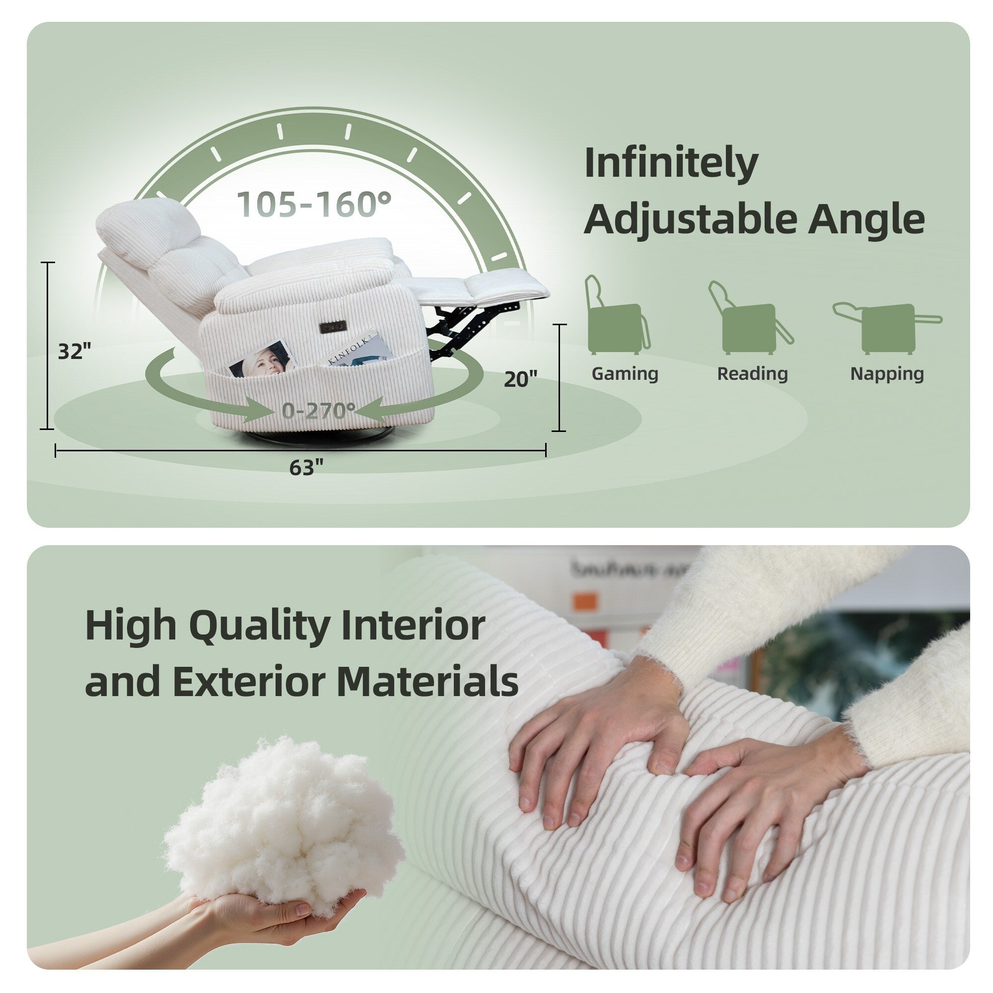 Fauteuil inclinable pivotant électrique - Fauteuil inclinable surdimensionné et robuste avec ports USB/Type-C, revêtement en velours côtelé moelleux