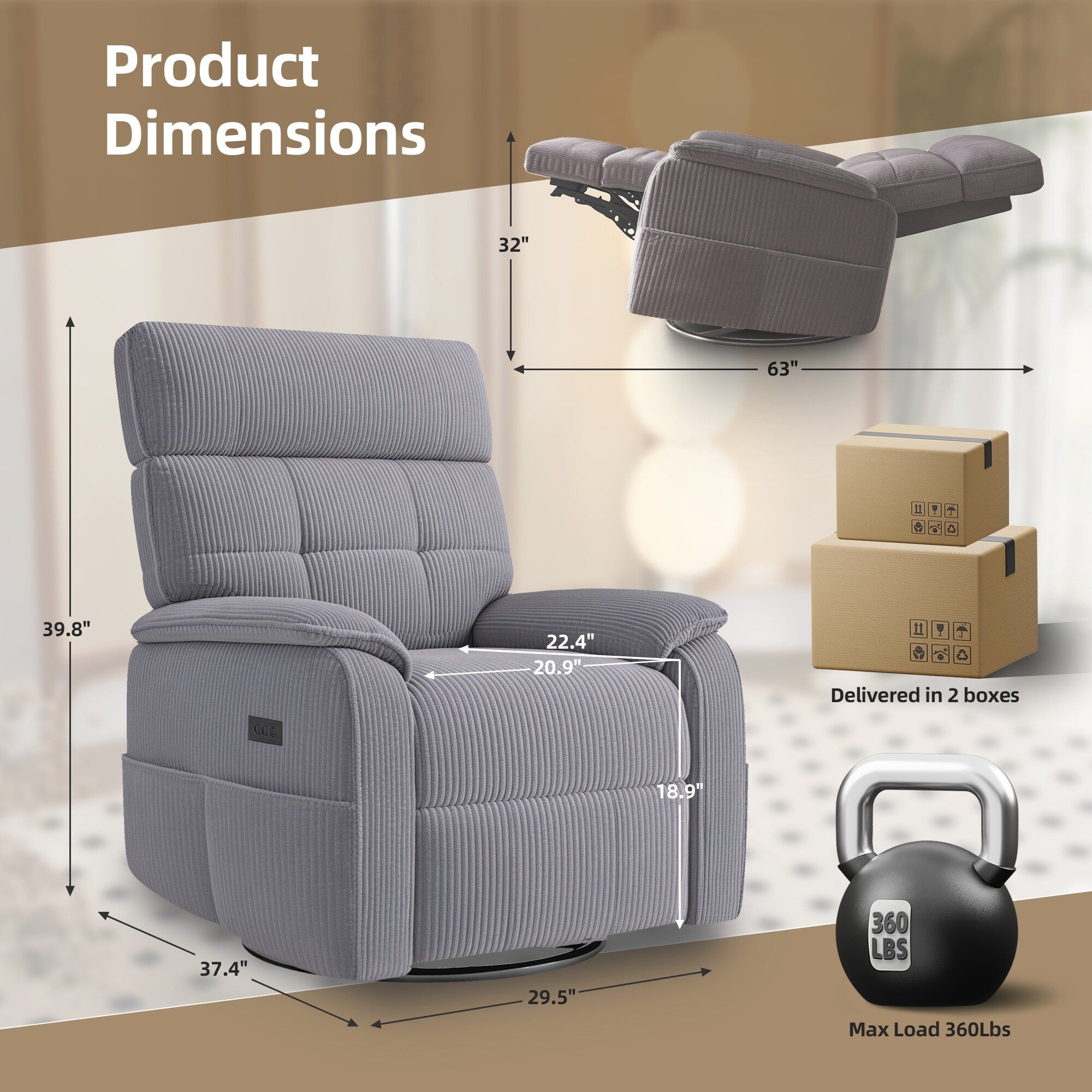 Fauteuil inclinable pivotant électrique - Fauteuil inclinable surdimensionné et robuste avec ports USB/Type-C, revêtement en velours côtelé moelleux