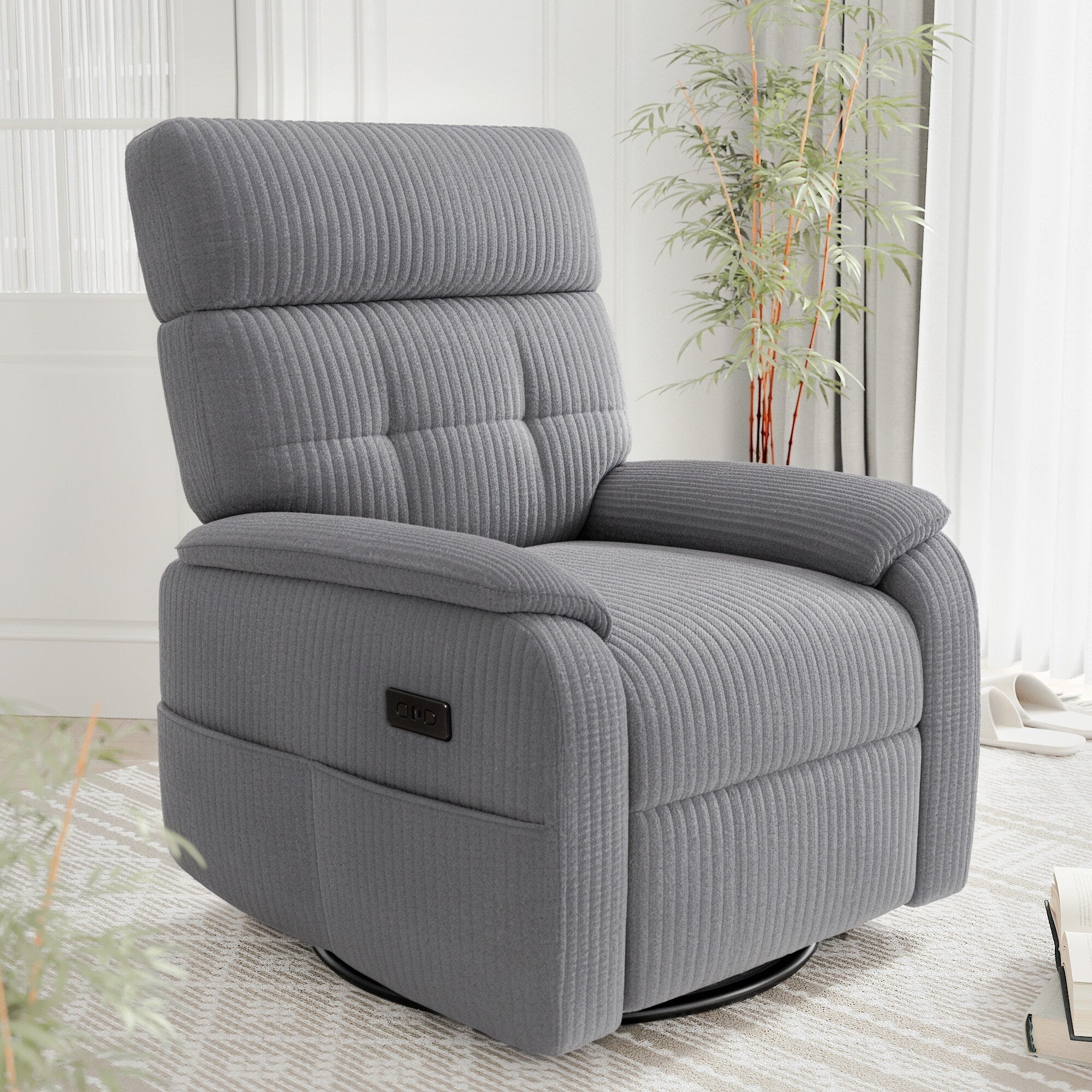 Fauteuil inclinable pivotant électrique - Fauteuil inclinable surdimensionné et robuste avec ports USB/Type-C, revêtement en velours côtelé moelleux