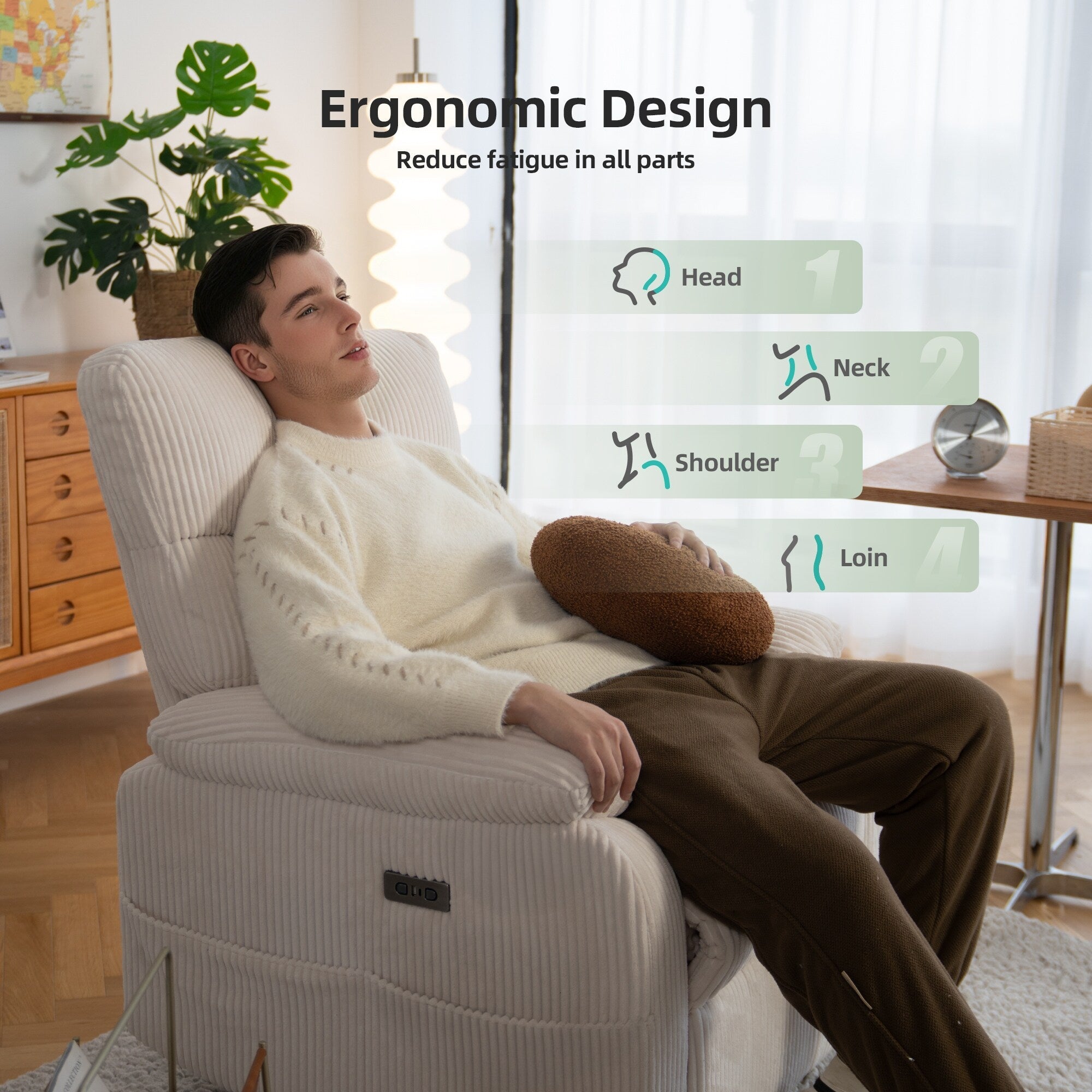 Fauteuil inclinable pivotant électrique - Fauteuil inclinable surdimensionné et robuste avec ports USB/Type-C, revêtement en velours côtelé moelleux