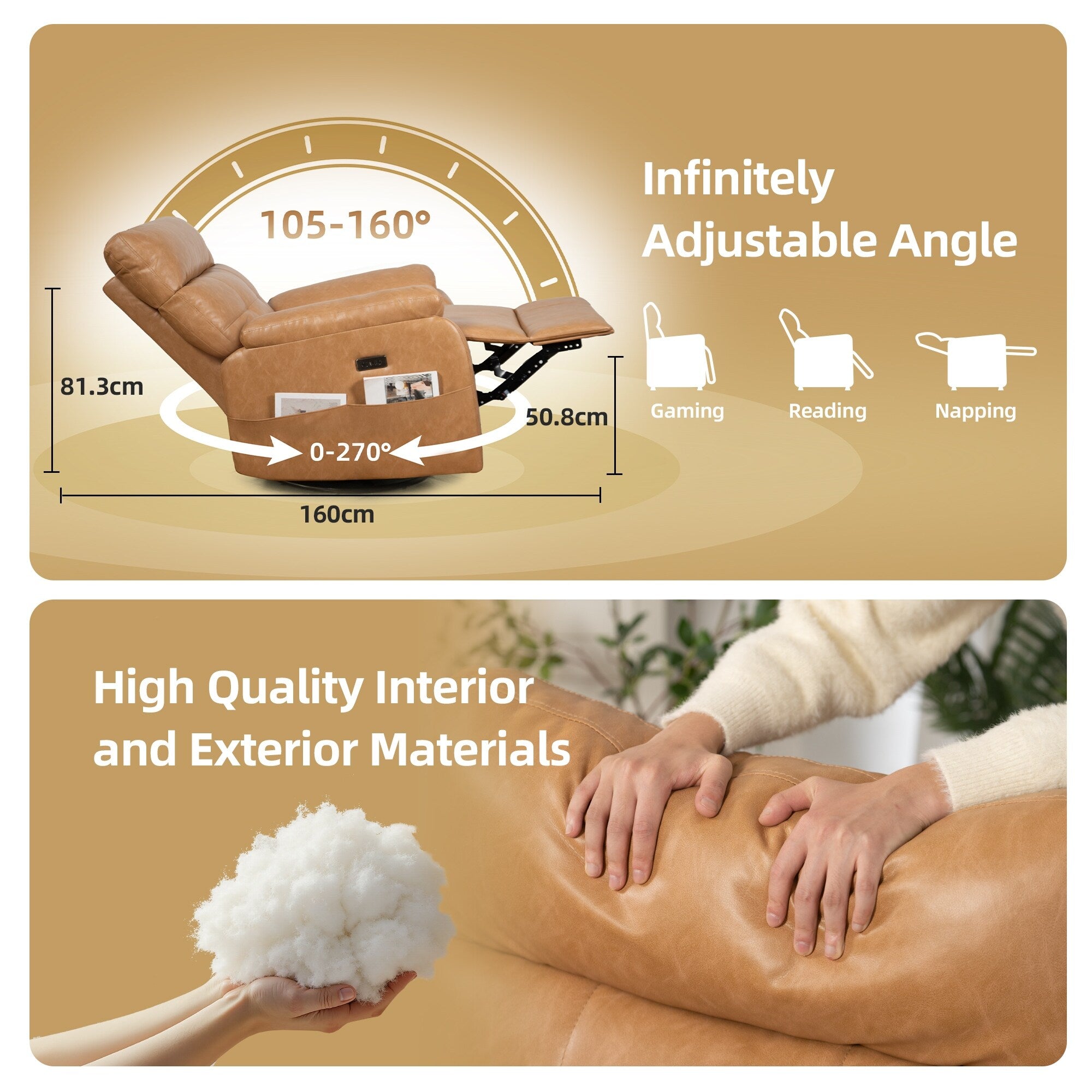 Fauteuil inclinable pivotant électrique - Fauteuil inclinable surdimensionné et robuste avec ports USB/Type-C, revêtement en velours côtelé moelleux