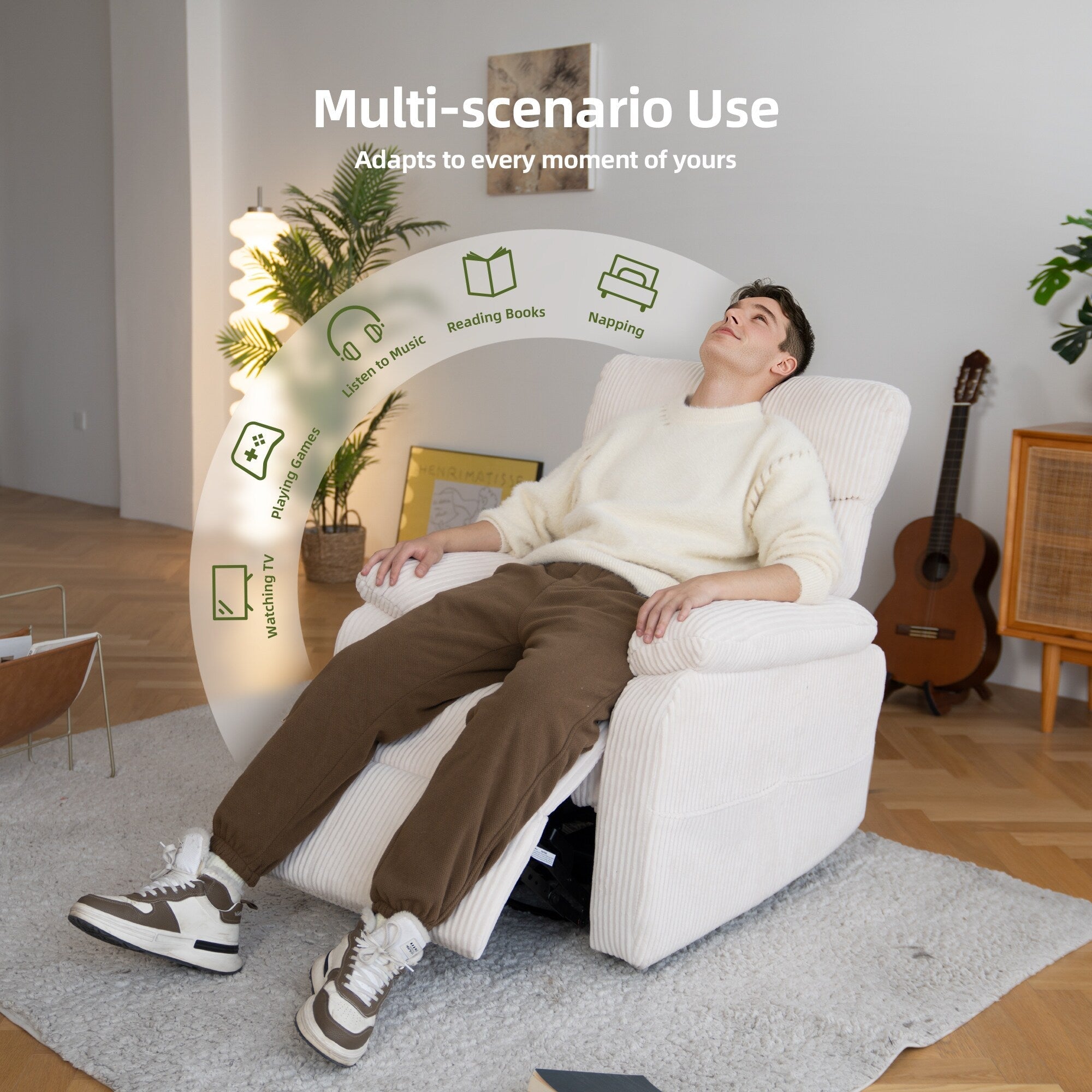 Fauteuil inclinable pivotant électrique - Fauteuil inclinable surdimensionné et robuste avec ports USB/Type-C, revêtement en velours côtelé moelleux