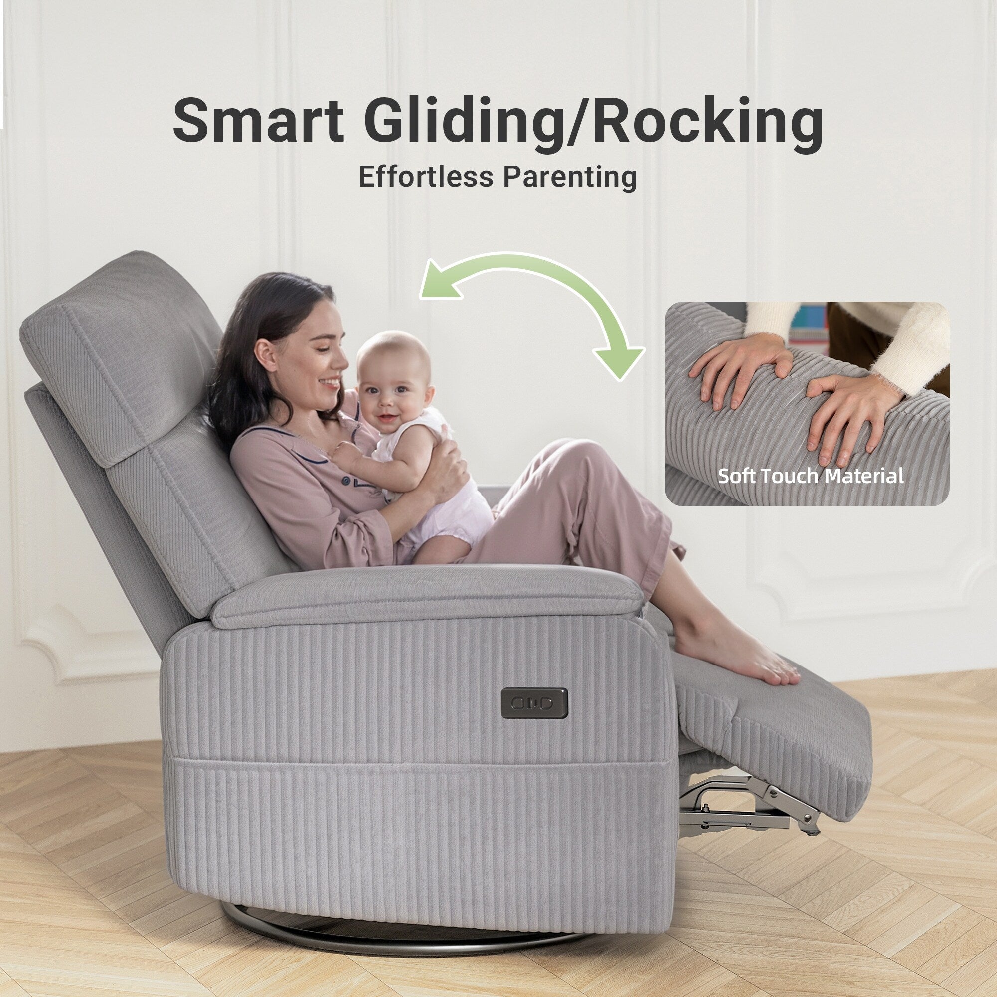 Fauteuil inclinable pivotant électrique - Fauteuil inclinable surdimensionné et robuste avec ports USB/Type-C, revêtement en velours côtelé moelleux