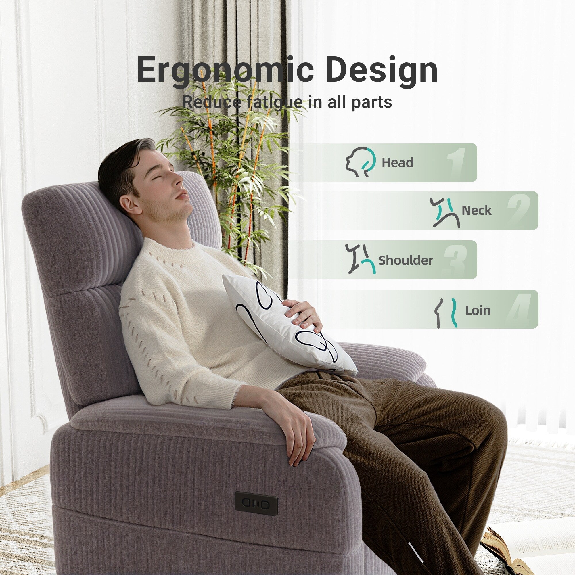 Fauteuil inclinable pivotant électrique - Fauteuil inclinable surdimensionné et robuste avec ports USB/Type-C, revêtement en velours côtelé moelleux