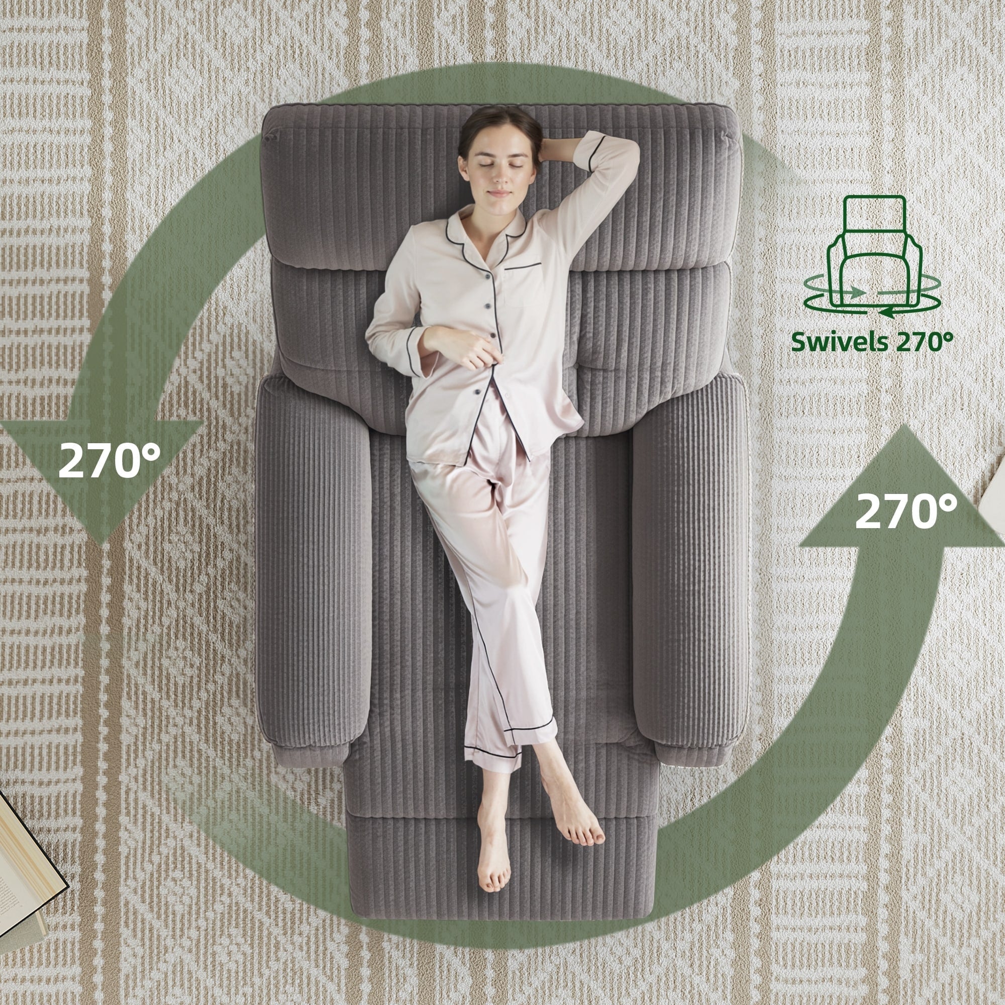 Fauteuil inclinable pivotant électrique - Fauteuil inclinable surdimensionné et robuste avec ports USB/Type-C, revêtement en velours côtelé moelleux