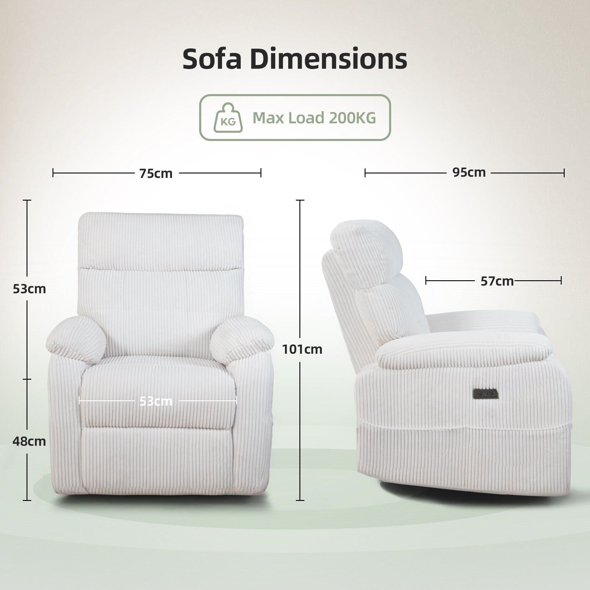 Fauteuil inclinable pivotant électrique - Fauteuil inclinable surdimensionné et robuste avec ports USB/Type-C, revêtement en velours côtelé moelleux