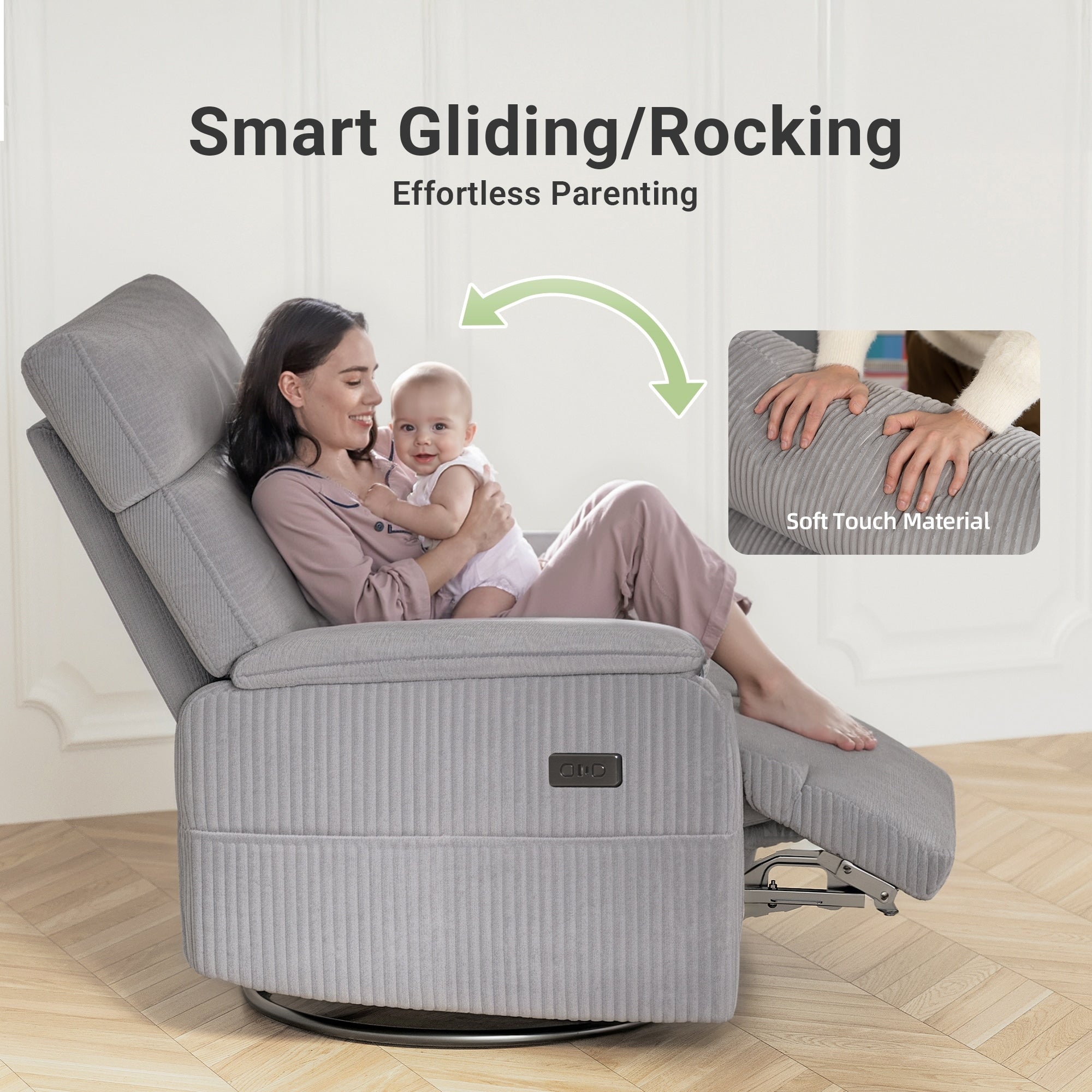 Fauteuil inclinable pivotant électrique - Fauteuil inclinable surdimensionné et robuste avec ports USB/Type-C, revêtement en velours côtelé moelleux