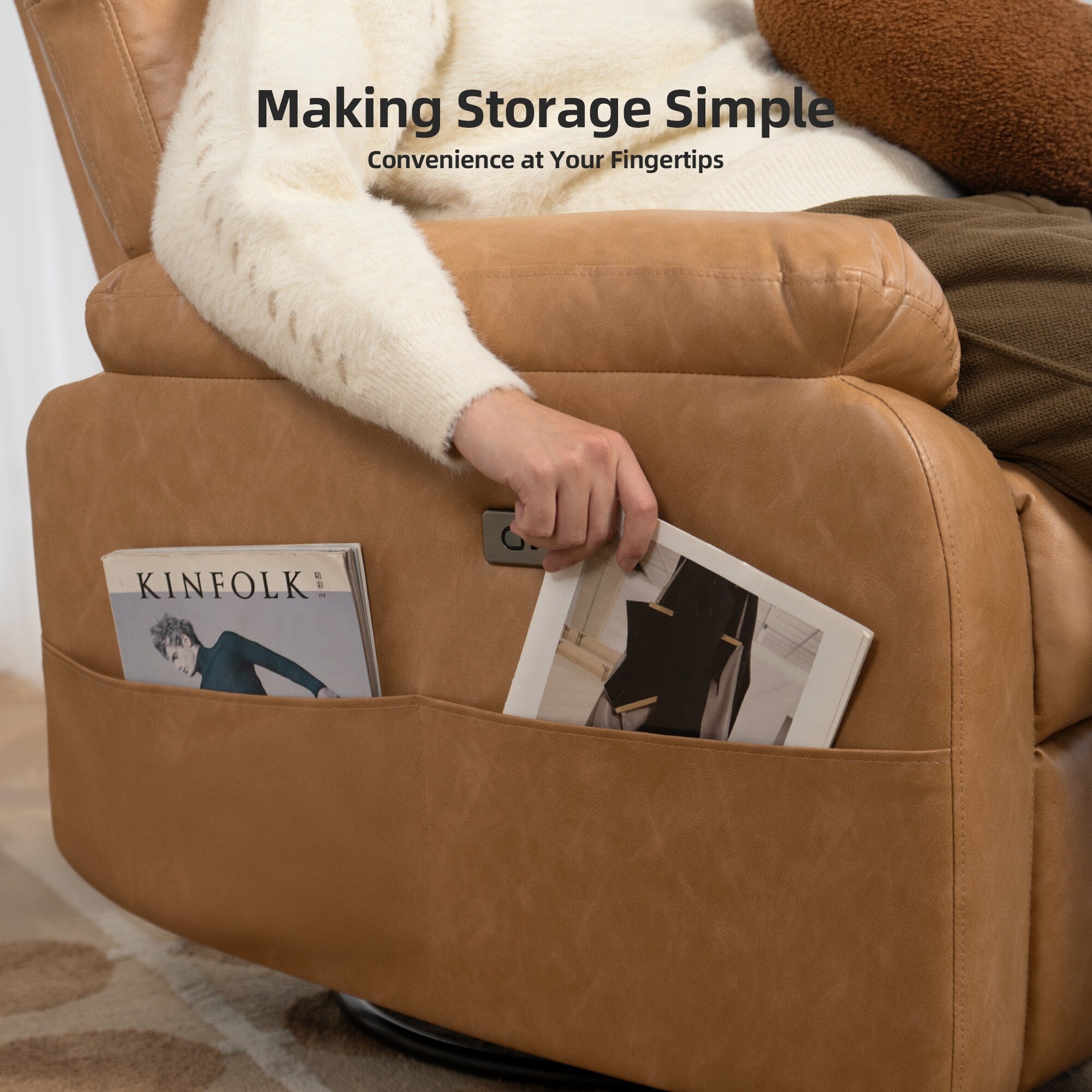 Fauteuil inclinable pivotant électrique - Fauteuil inclinable surdimensionné et robuste avec ports USB/Type-C, revêtement en velours côtelé moelleux
