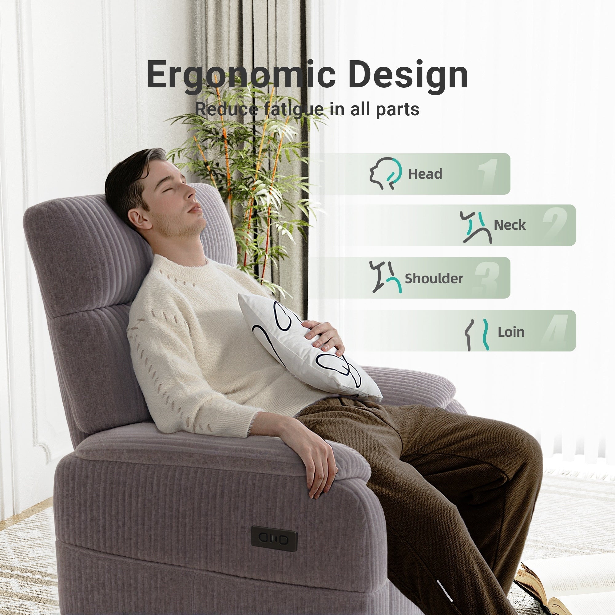 Fauteuil inclinable pivotant électrique - Fauteuil inclinable surdimensionné et robuste avec ports USB/Type-C, revêtement en velours côtelé moelleux