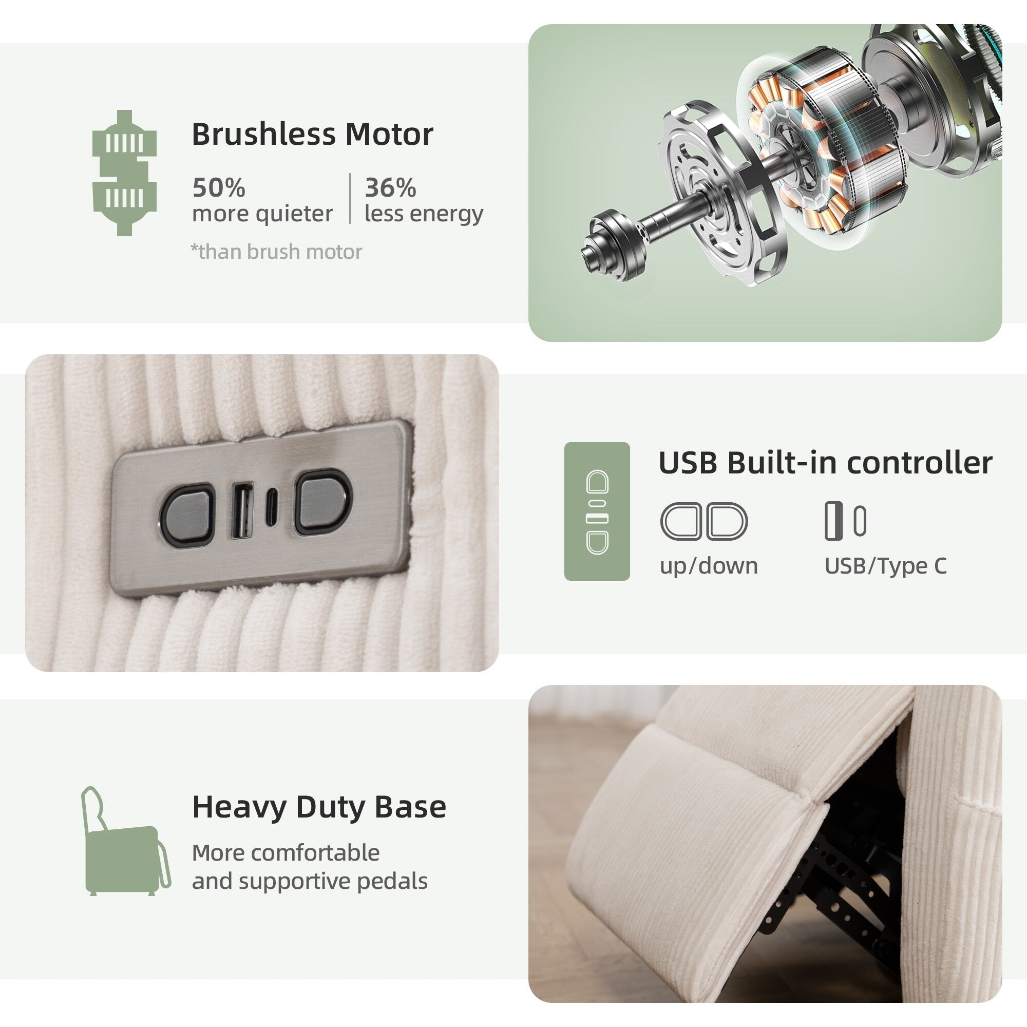 Fauteuil inclinable pivotant électrique - Fauteuil inclinable surdimensionné et robuste avec ports USB/Type-C, revêtement en velours côtelé moelleux