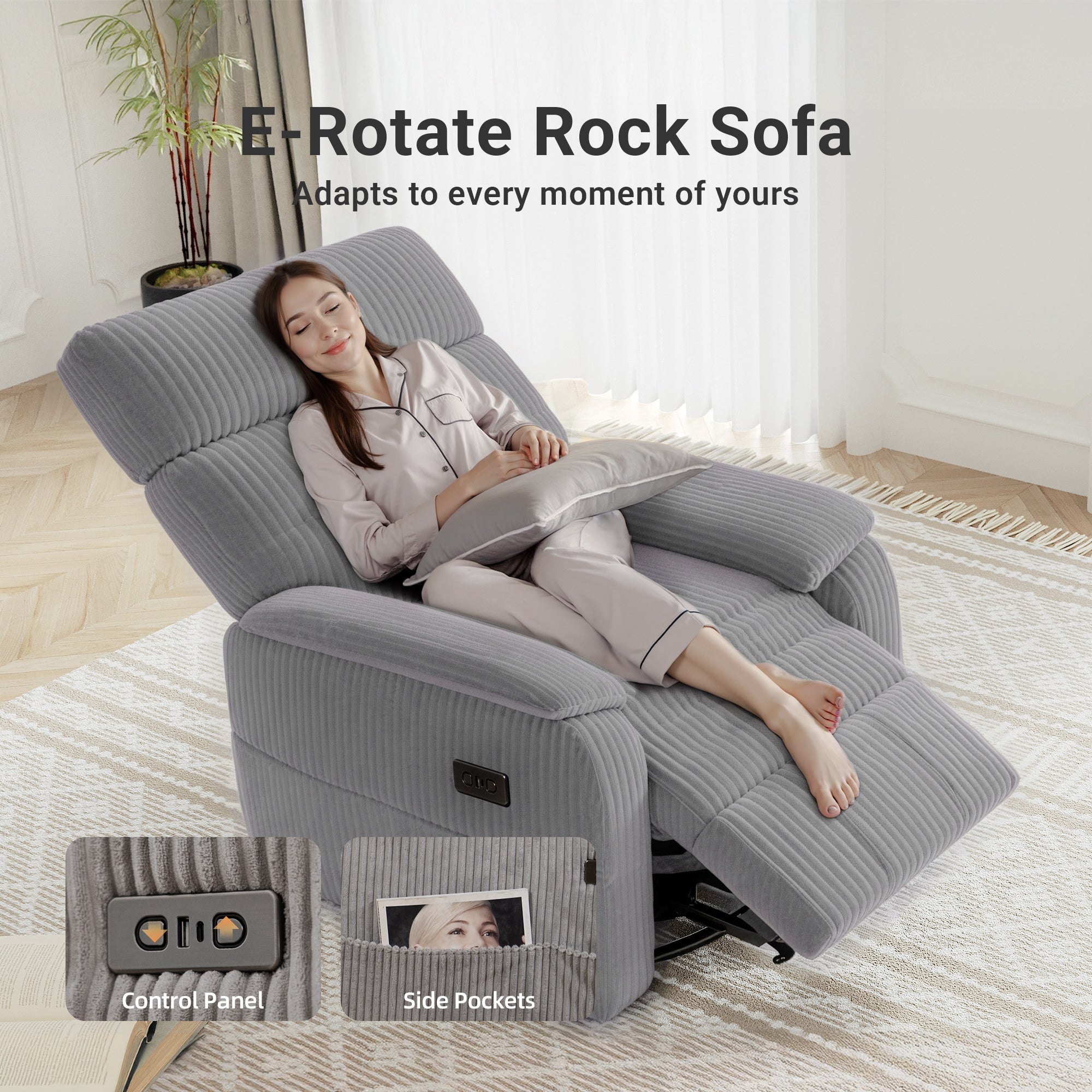 Fauteuil inclinable pivotant électrique - Fauteuil inclinable surdimensionné et robuste avec ports USB/Type-C, revêtement en velours côtelé moelleux