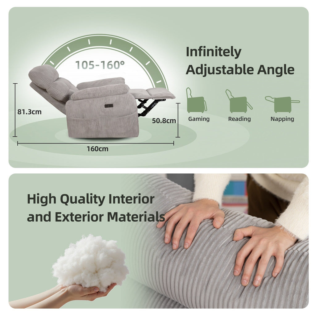 Fauteuil inclinable électrique à gravité zéro avec ports de charge - Fauteuil inclinable rembourré avec poche latérale et soutien lombaire