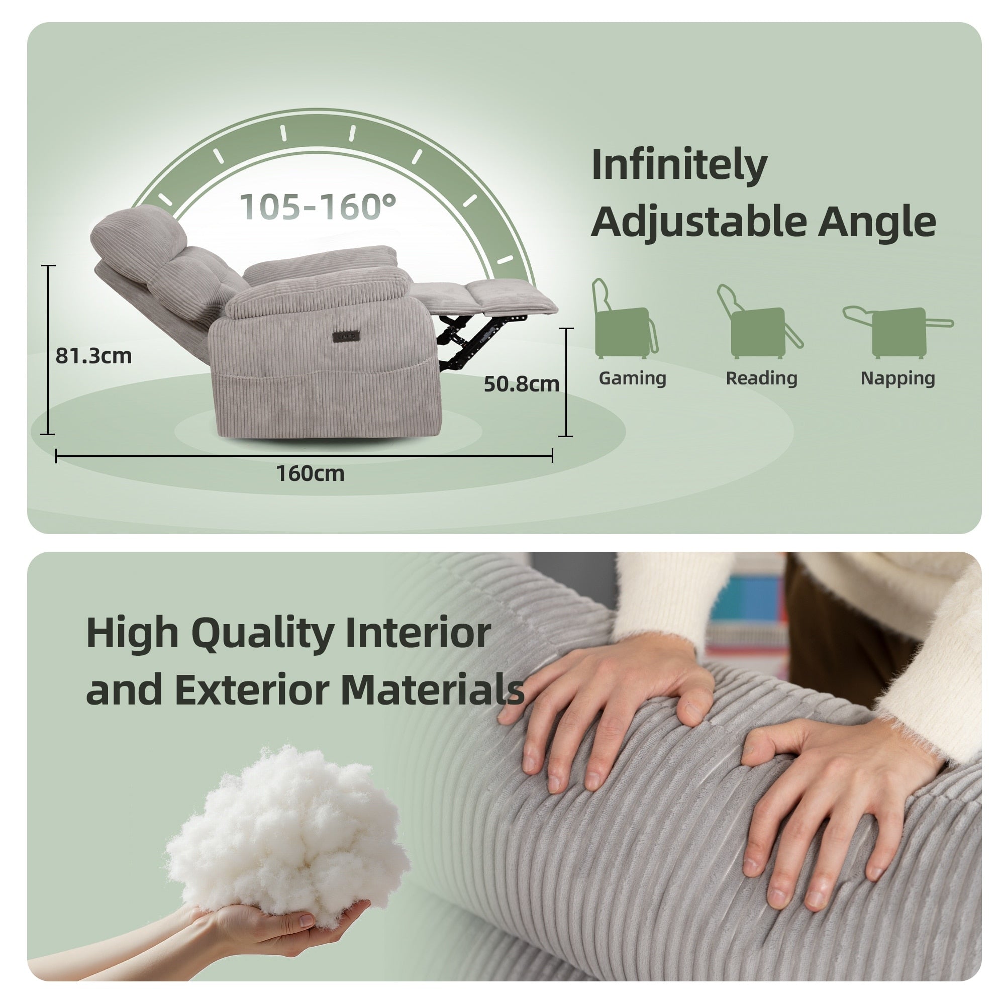 Fauteuil inclinable électrique à gravité zéro, avec ports de chargement USB Type-C, poche de rangement latérale, confort surdimensionné avec soutien lombaire