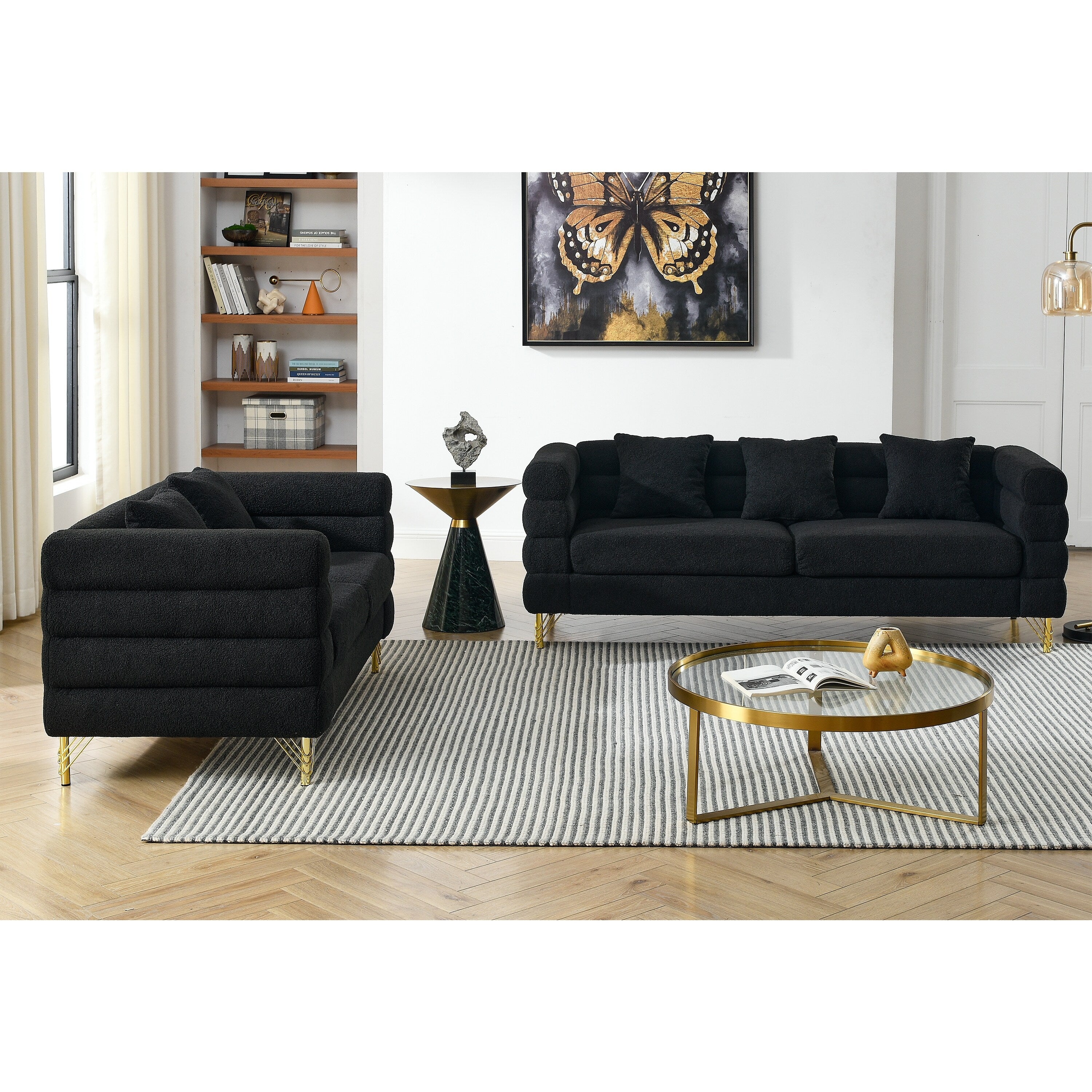 Élégant canapé combiné 3+2 - Tissu pelucheux avec 5 coussins pour une assise confortable