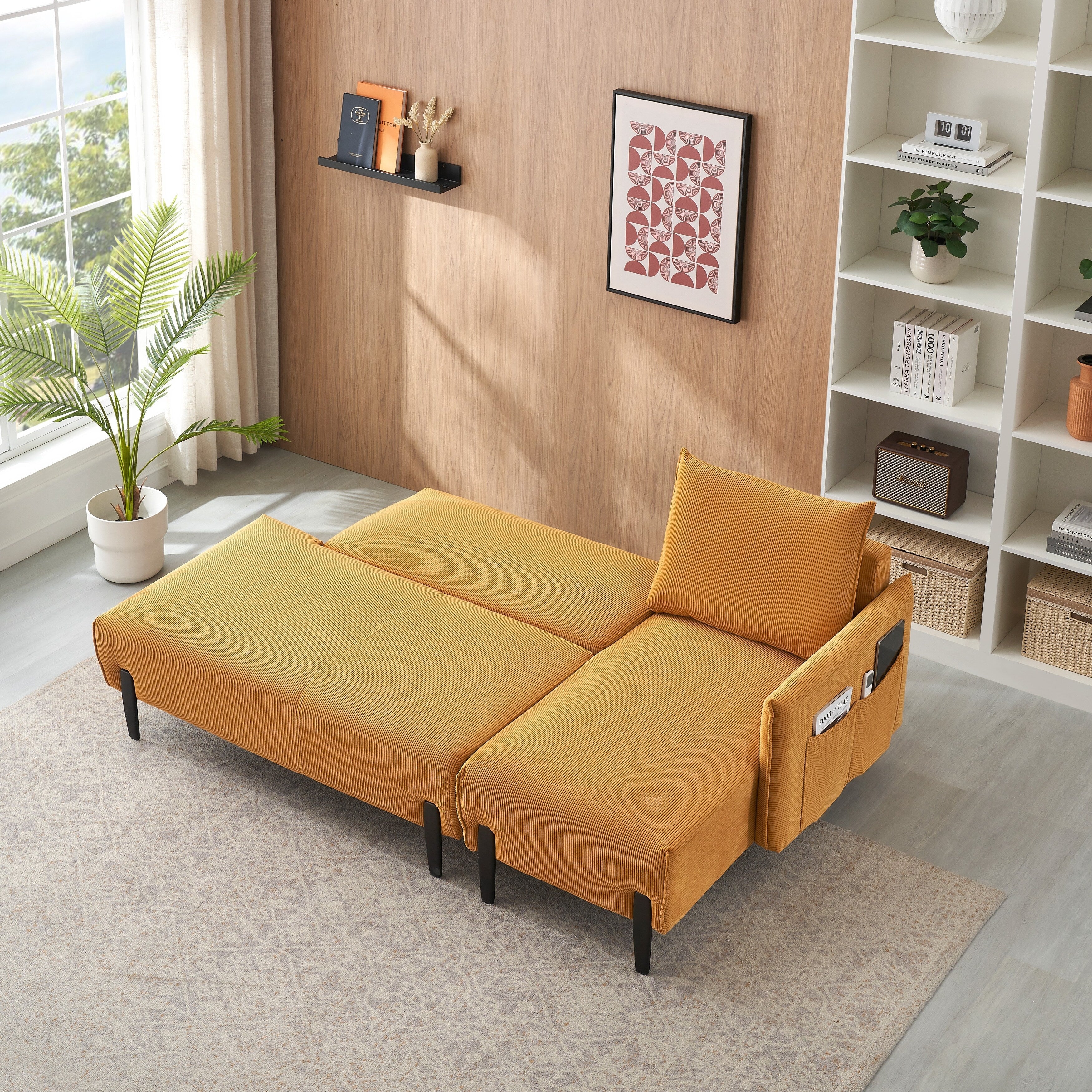 Élégant canapé en velours de 200 cm – Canapé spacieux avec garniture en métal et 3 coussins pour un espace moderne