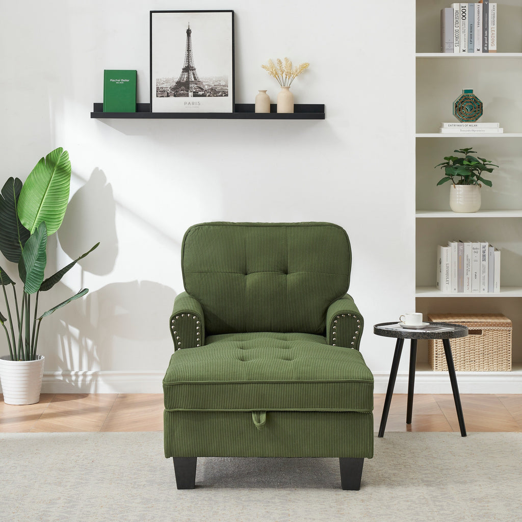 Fauteuil inclinable d'intérieur élégant en velours côtelé, fauteuil de salon rembourré, canapé-lit, banc de rangement avec garniture cloutée