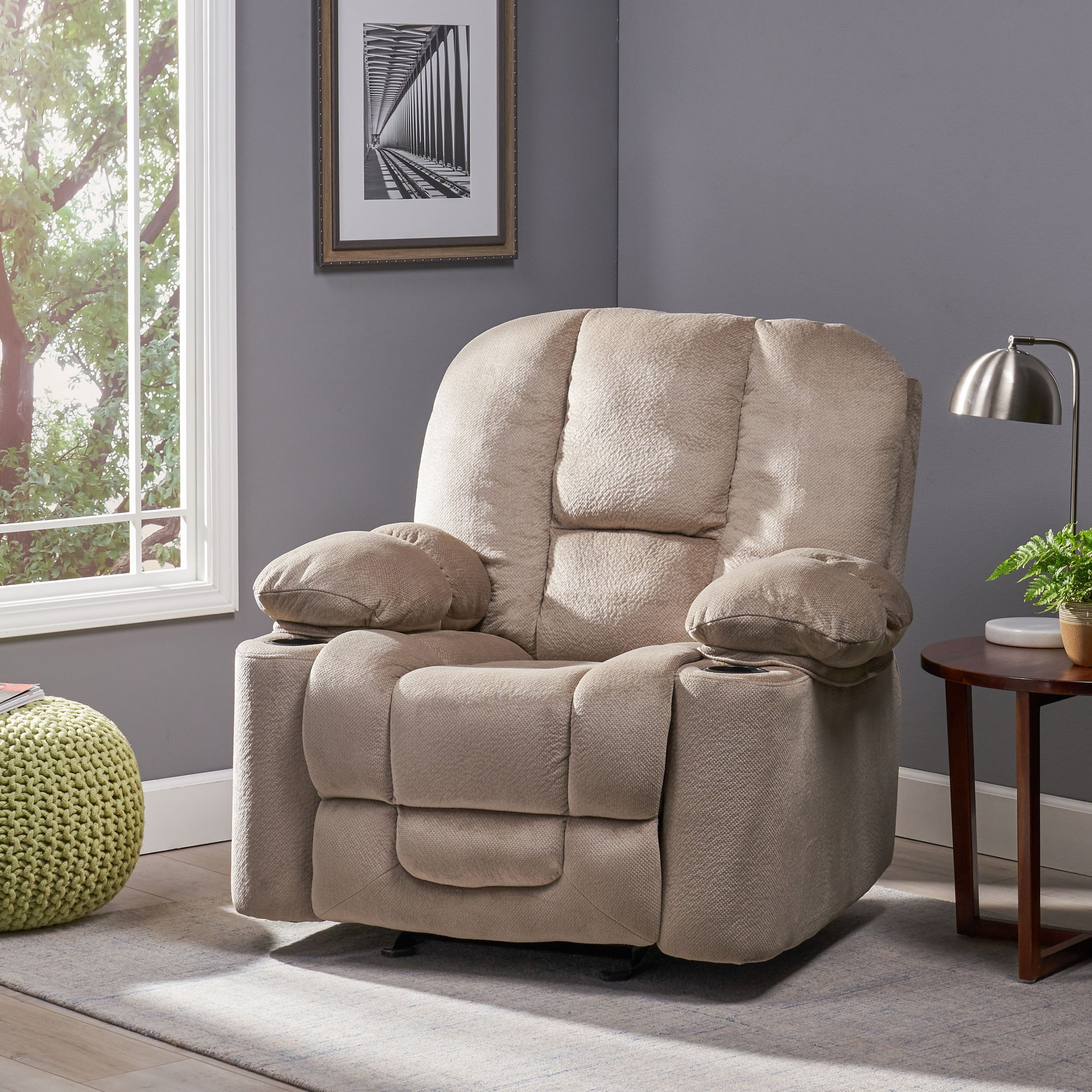 Fauteuil inclinable manuel élégant avec tissu doux pour la peau, confort moelleux et deux porte-gobelets