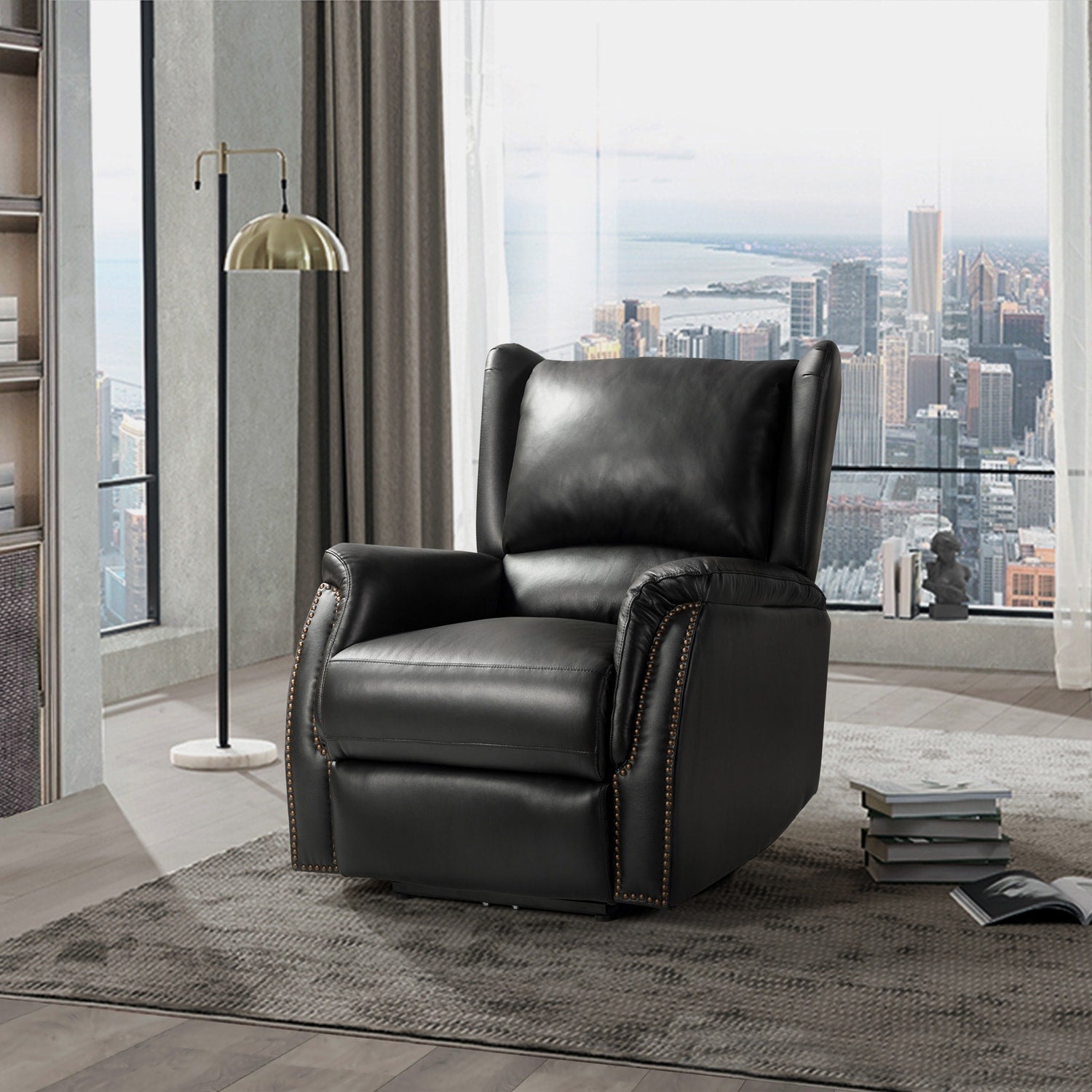 Fauteuil inclinable électrique en cuir véritable Eliseo avec port USB et design à oreilles