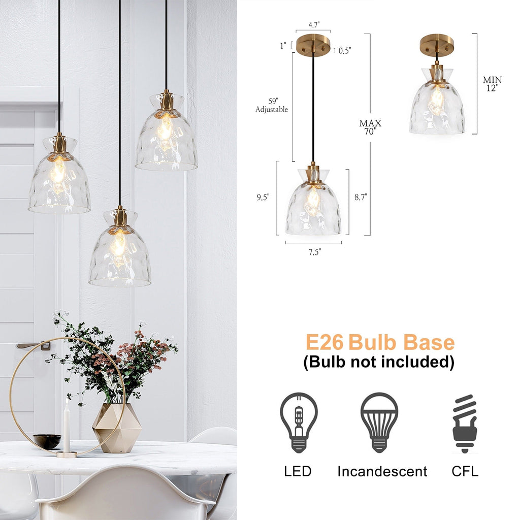 Suspension moderne du milieu du siècle Elisie à 1 ampoule en verre martelé avec dôme en cascade pour cuisine, îlot de cuisine, salle à manger