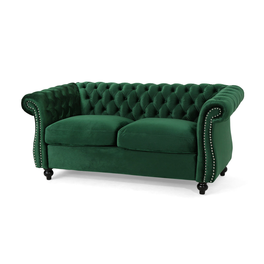 Canapé Chesterfield Emerald 61,75 pouces capitonné avec boutons, pieds en bois et têtes de clous pour le salon