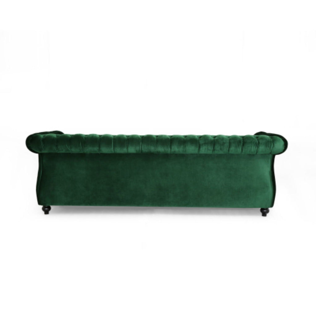 Canapé 3 places capitonné Chesterfield Emerald 84,75 avec clous et pieds en bois pour le salon