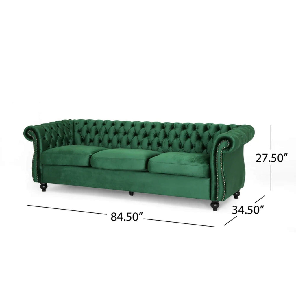 Canapé 3 places capitonné Chesterfield Emerald 84,75 avec clous et pieds en bois pour le salon