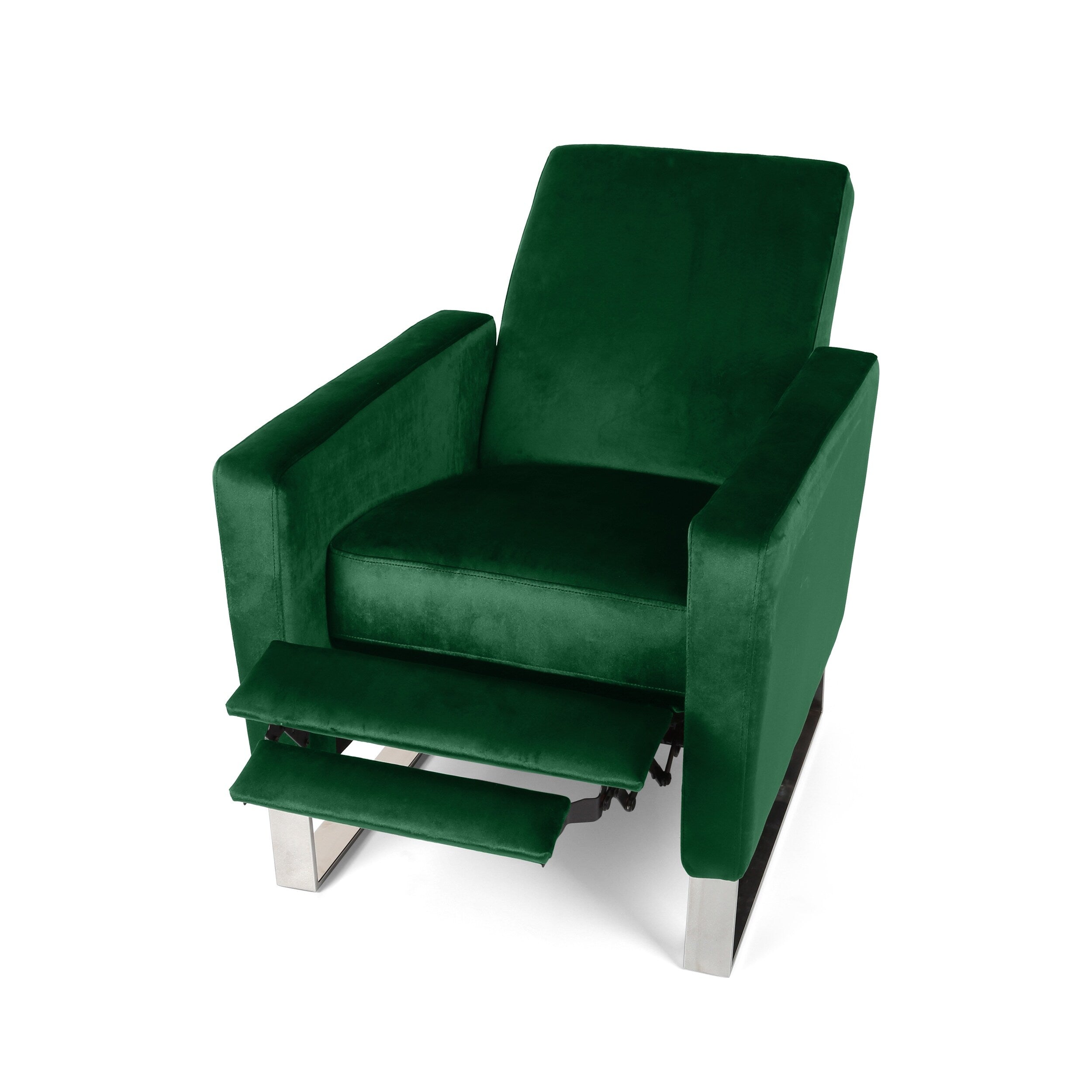 Fauteuil inclinable moderne en velours émeraude avec repose-pieds et pieds en acier inoxydable