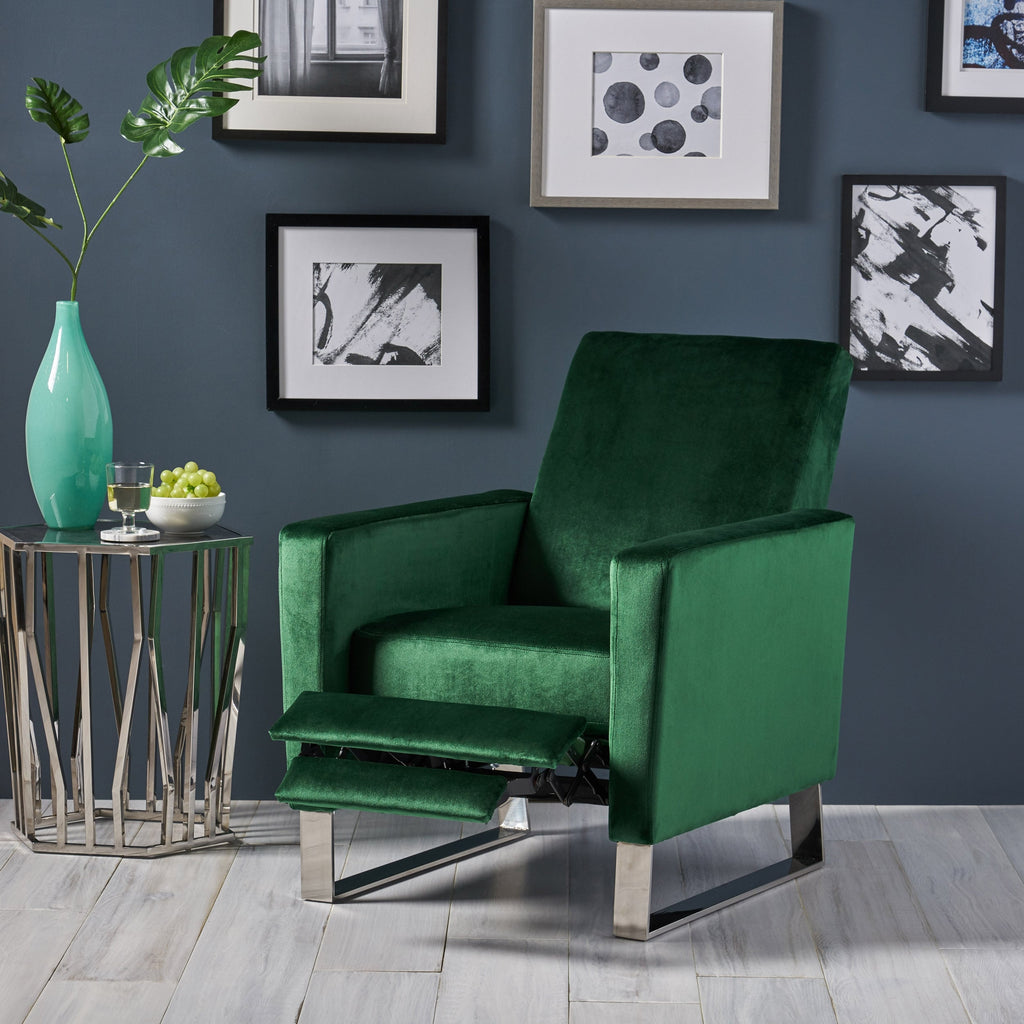 Fauteuil inclinable moderne en velours émeraude avec repose-pieds et pieds en acier inoxydable