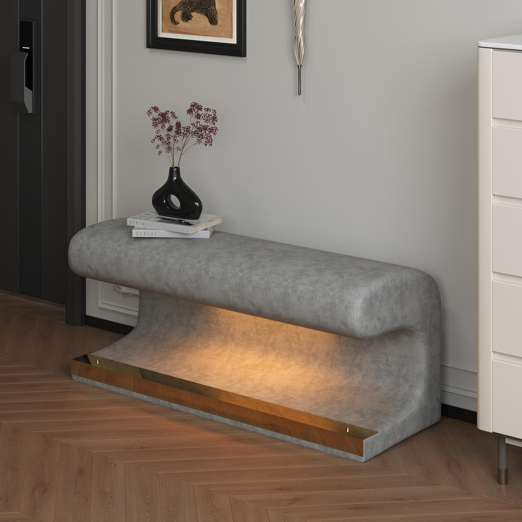 Banc d'entrée ottoman rembourré en cuir avec lumière à capteur LED pour salon, chambre à coucher, bout de lit