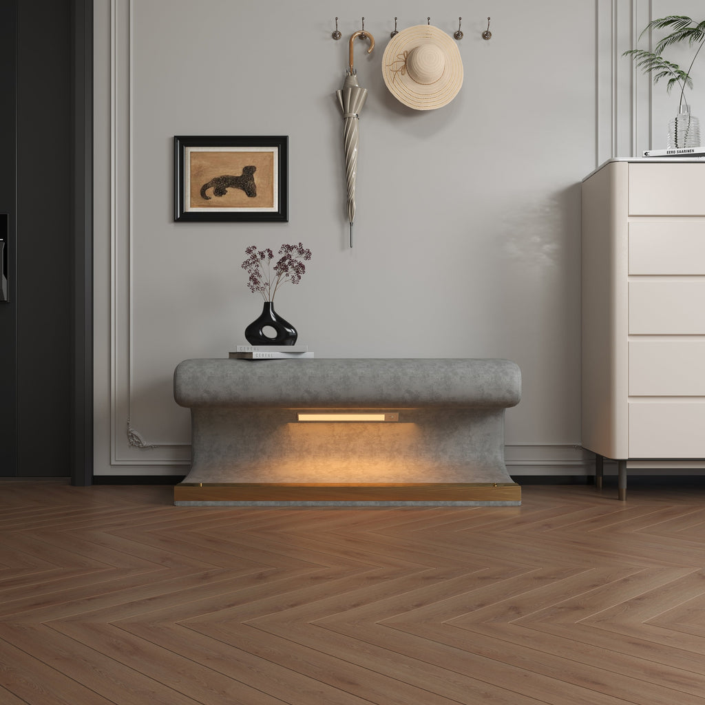 Banc d'entrée ottoman rembourré en cuir avec lumière à capteur LED pour salon, chambre à coucher, bout de lit