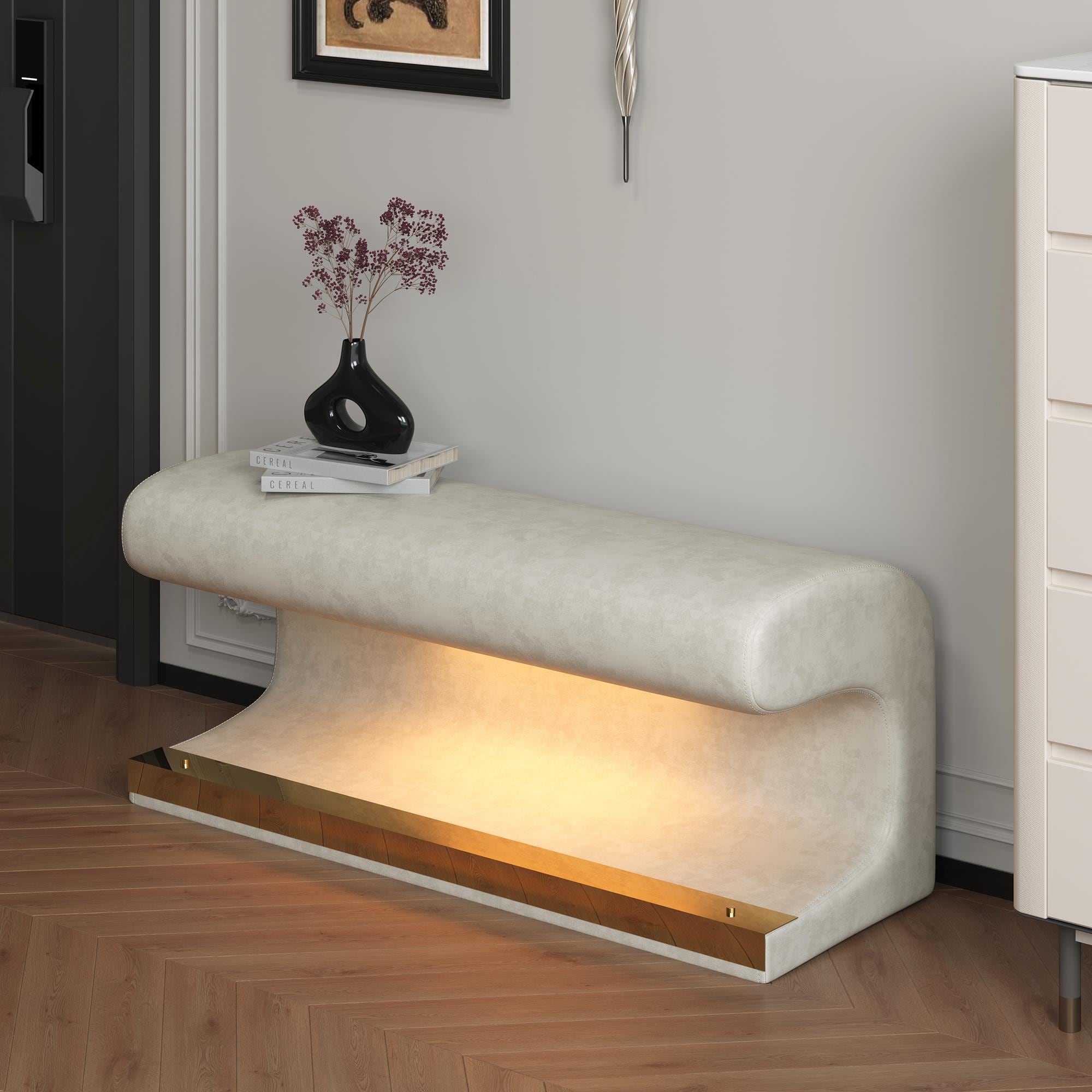 Banc d'entrée ottoman rembourré en cuir avec lumière à capteur LED pour salon, chambre à coucher, bout de lit