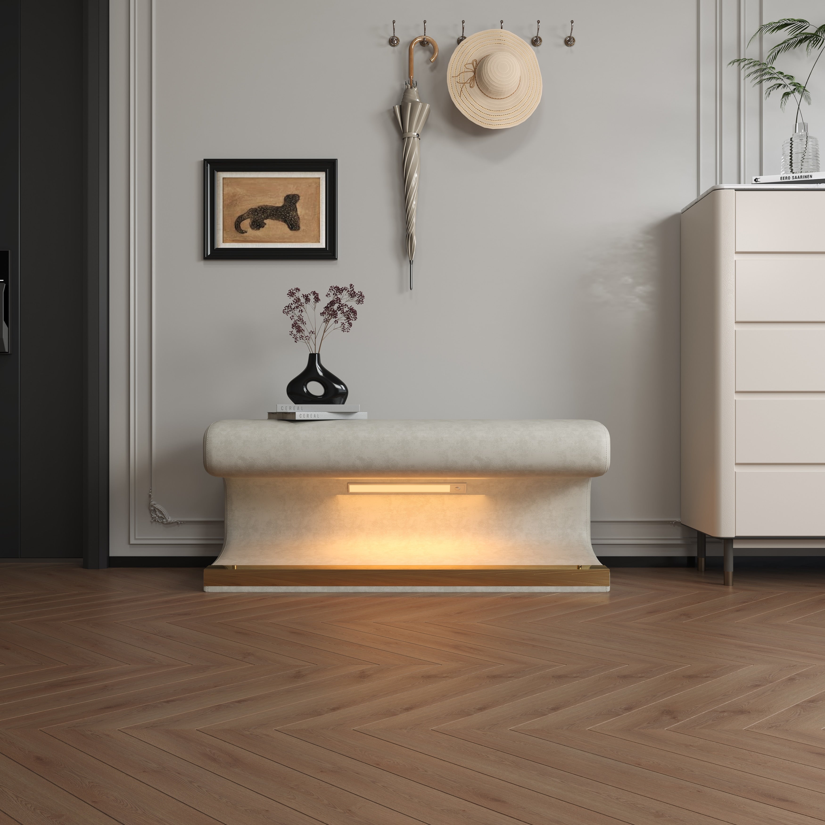 Banc d'entrée ottoman rembourré en cuir avec lumière à capteur LED pour salon, chambre à coucher, bout de lit