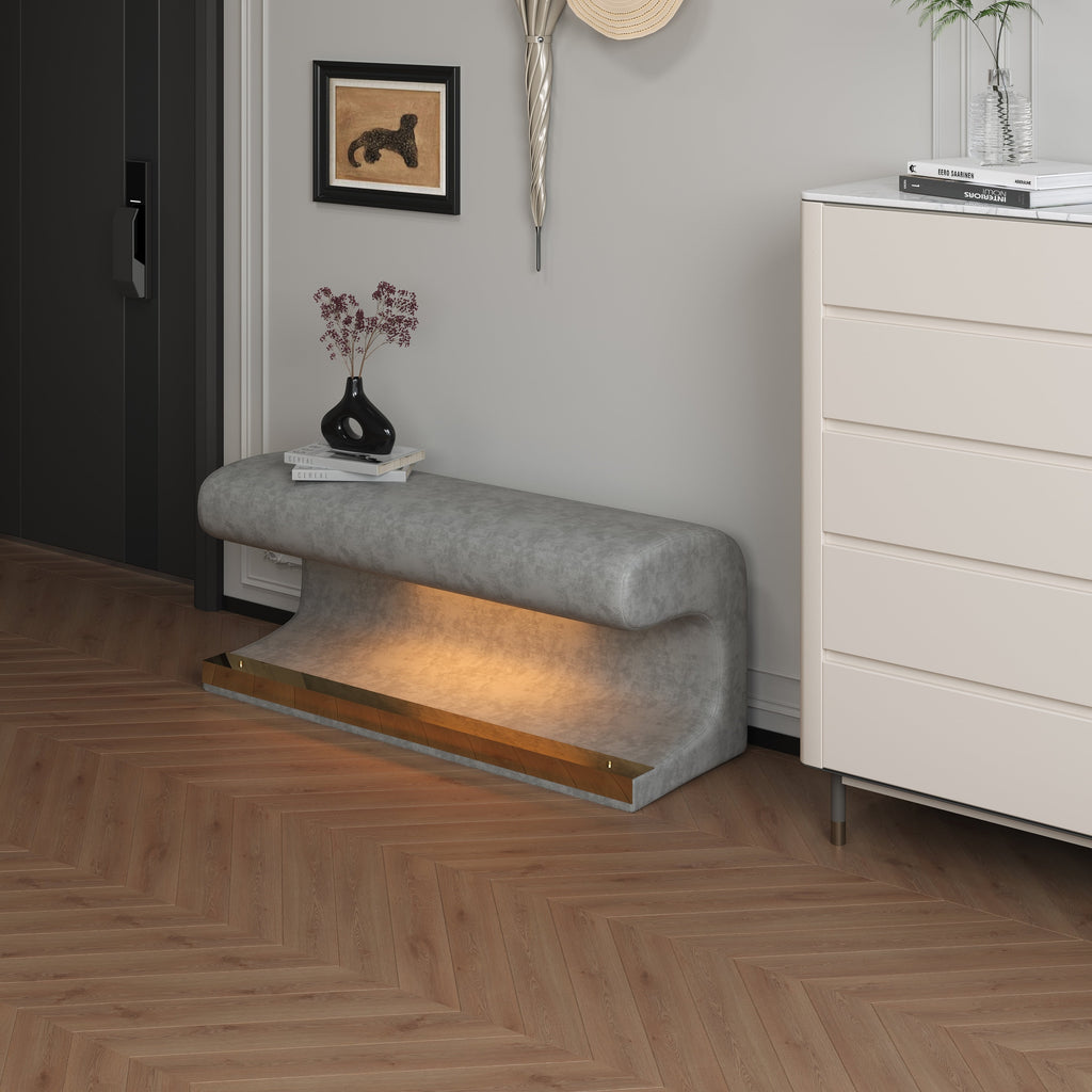 Banc d'entrée ottoman rembourré en cuir avec lumière à capteur LED pour salon, chambre à coucher, bout de lit