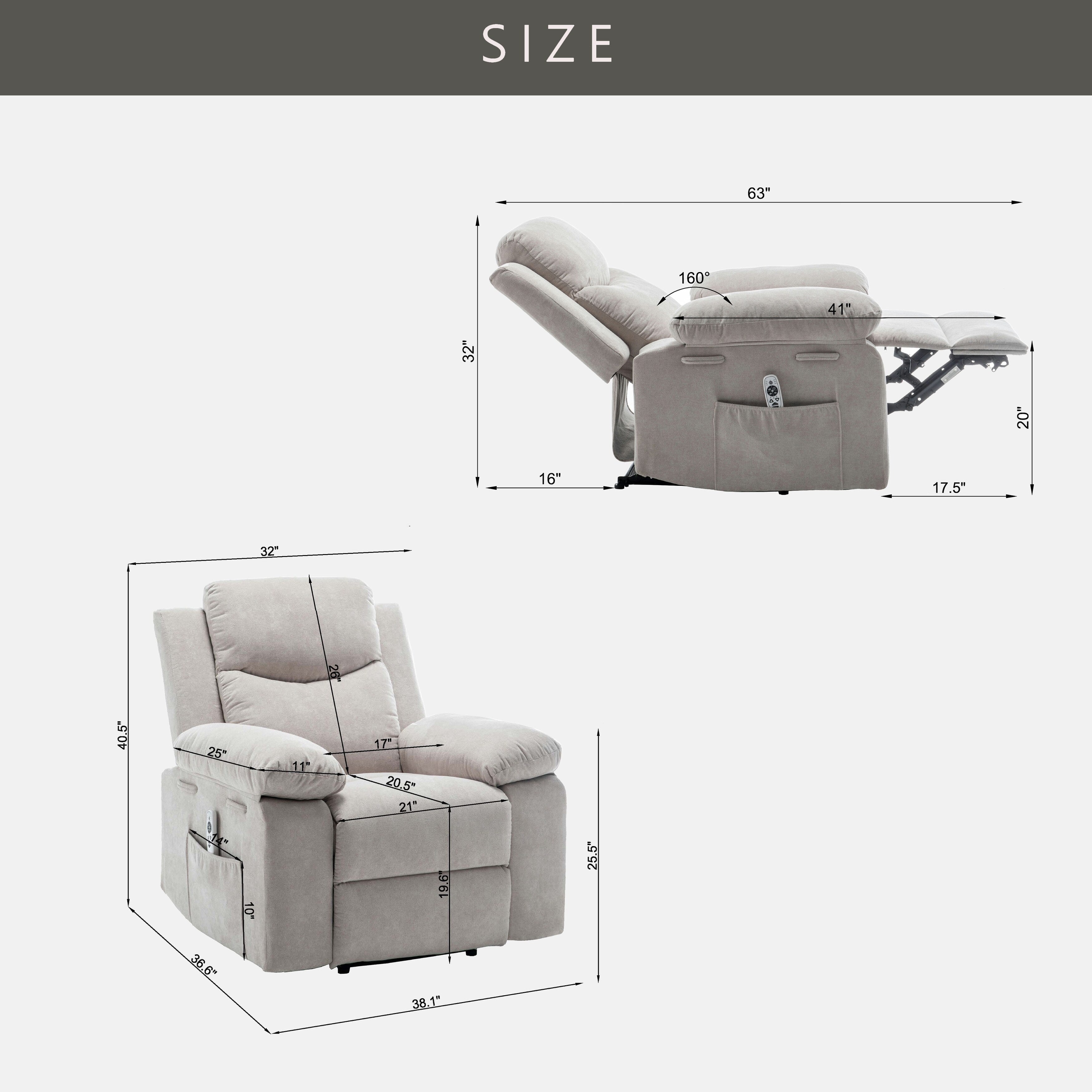 Fauteuil inclinable électrique ergonomique en velours avec massage par vibrations à 8 points, chauffage et poche latérale