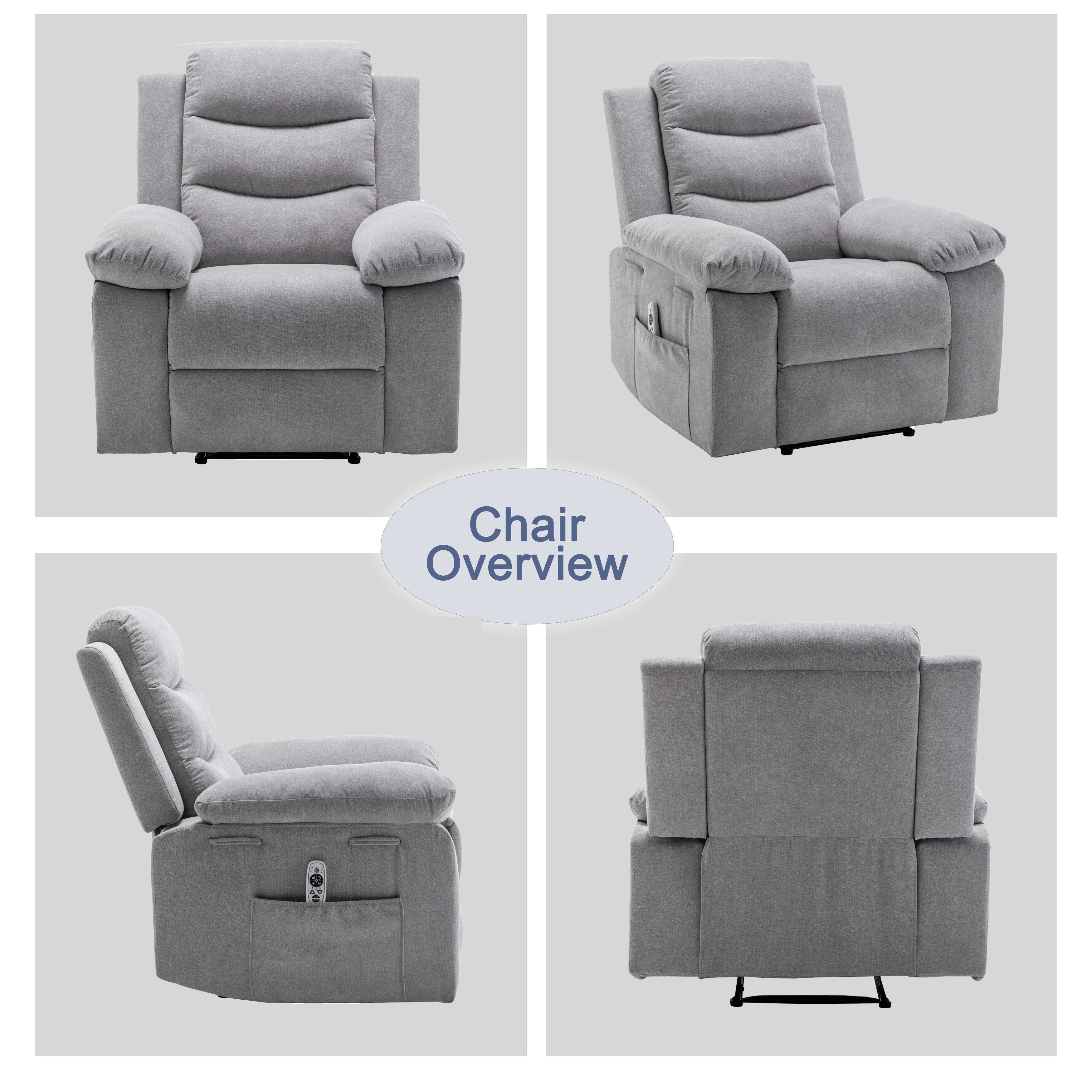 Fauteuil inclinable électrique ergonomique en velours avec massage par vibrations à 8 points, chauffage et poche latérale