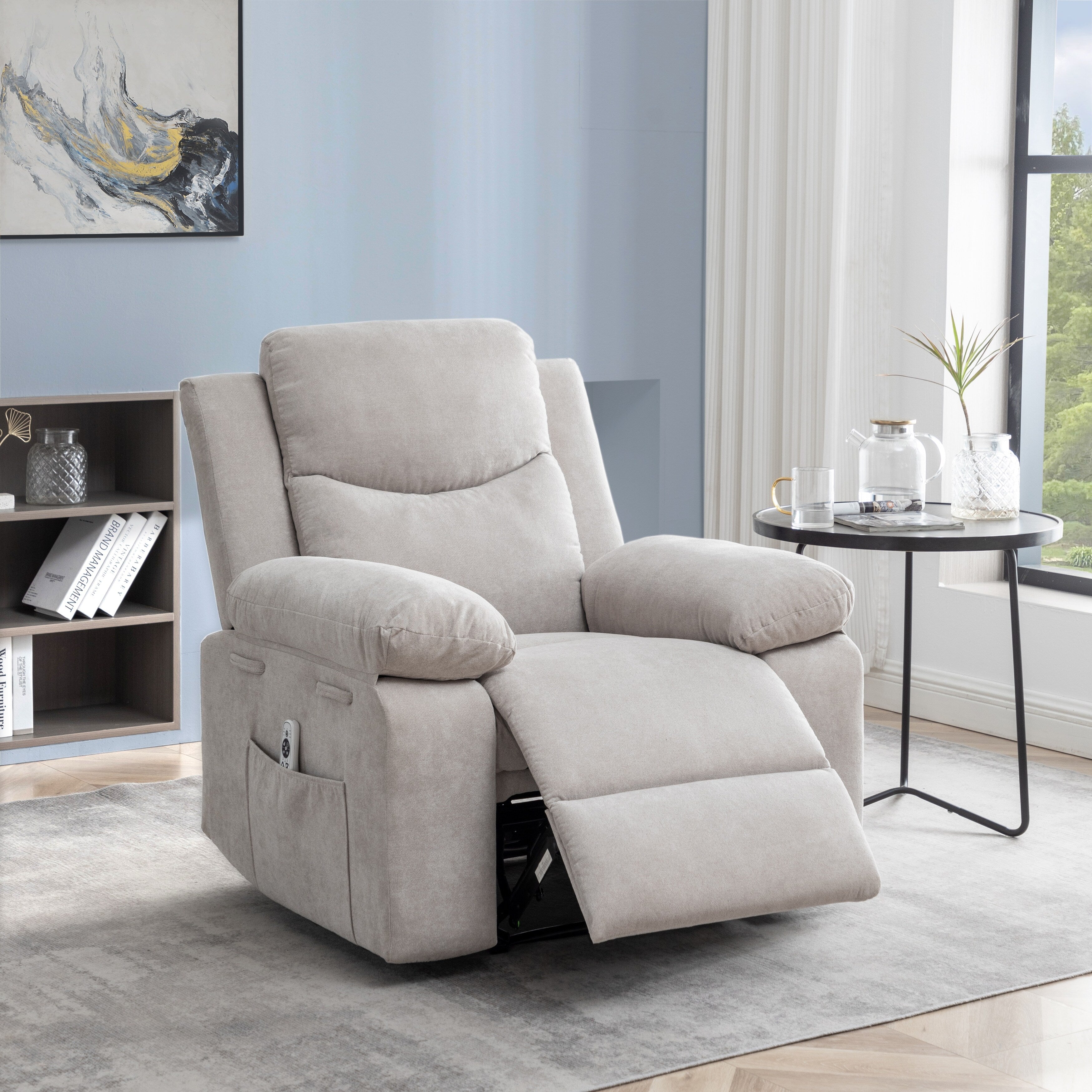 Fauteuil inclinable électrique ergonomique en velours avec massage par vibrations à 8 points, chauffage et poche latérale