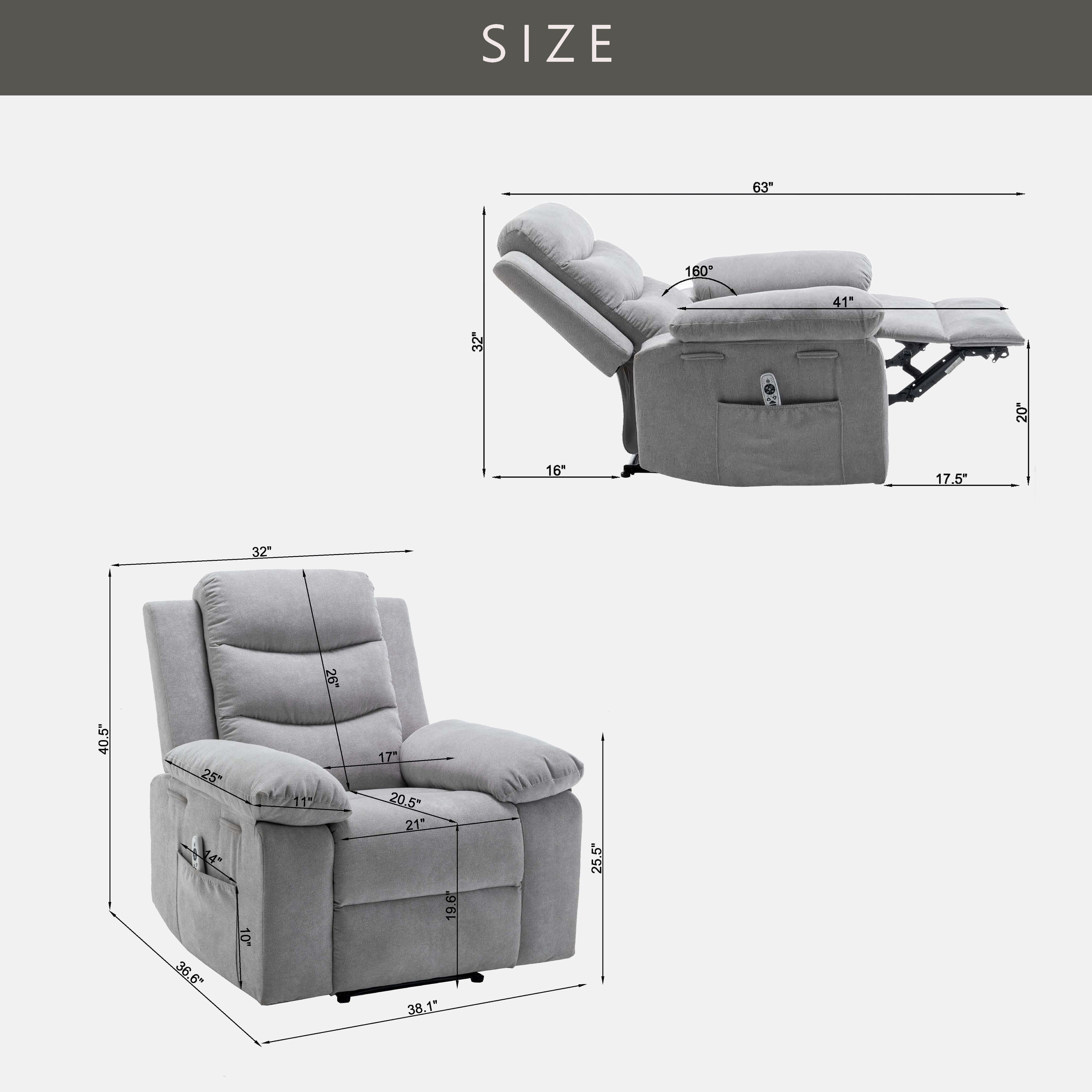 Fauteuil inclinable électrique ergonomique en velours avec massage par vibrations à 8 points, chauffage et poche latérale
