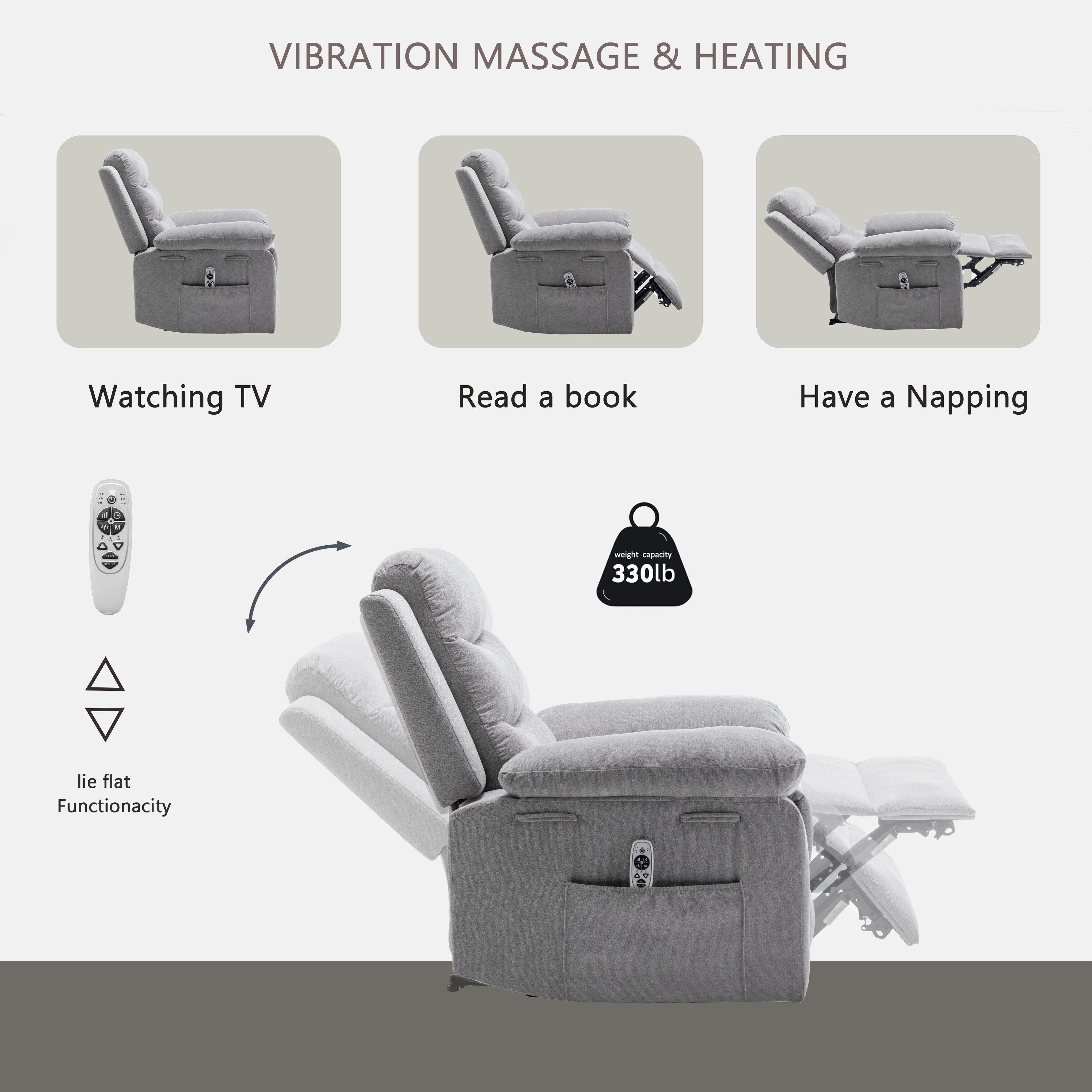 Fauteuil inclinable électrique ergonomique en velours avec massage par vibrations à 8 points, chauffage et poche latérale