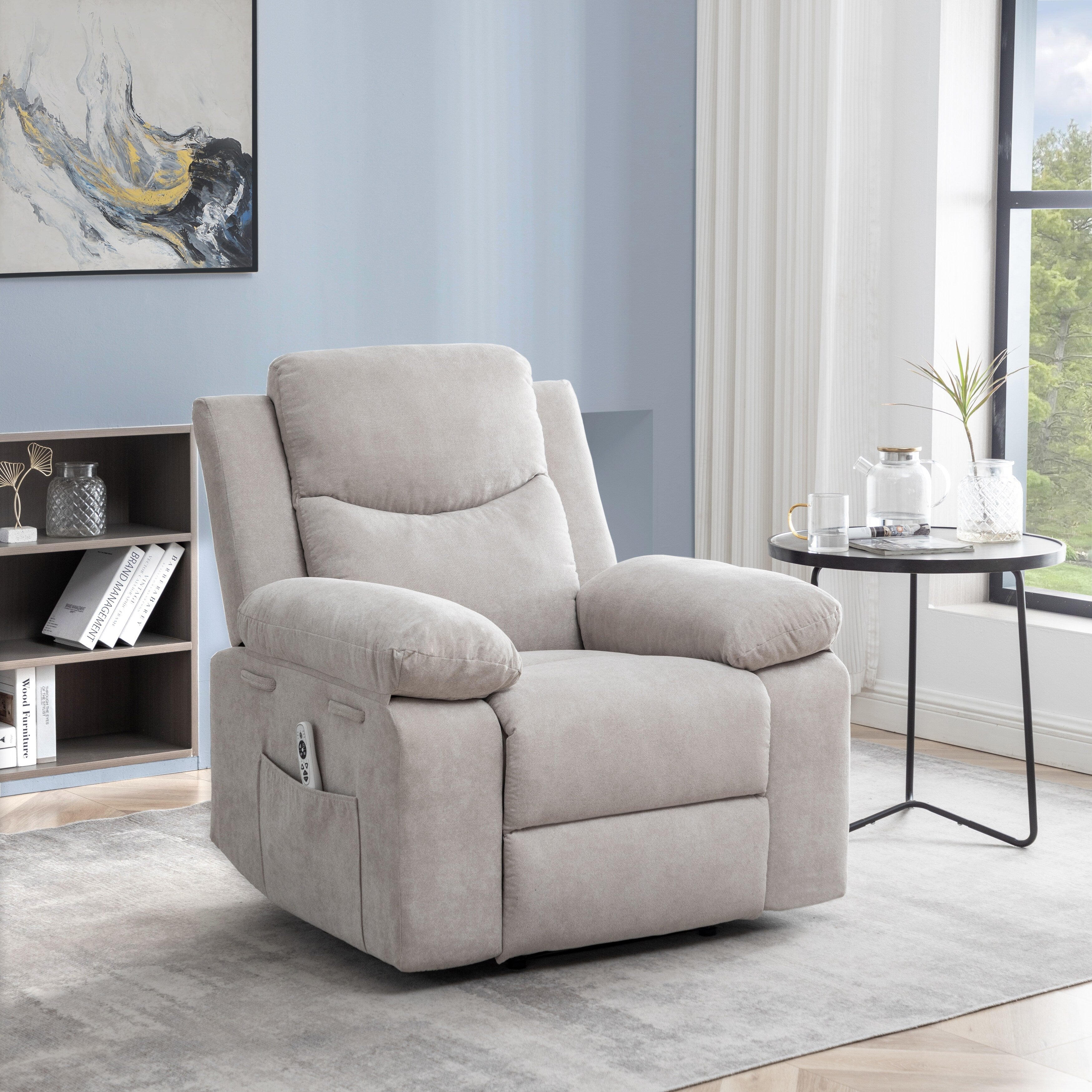 Fauteuil inclinable électrique ergonomique en velours avec massage par vibrations à 8 points, chauffage et poche latérale