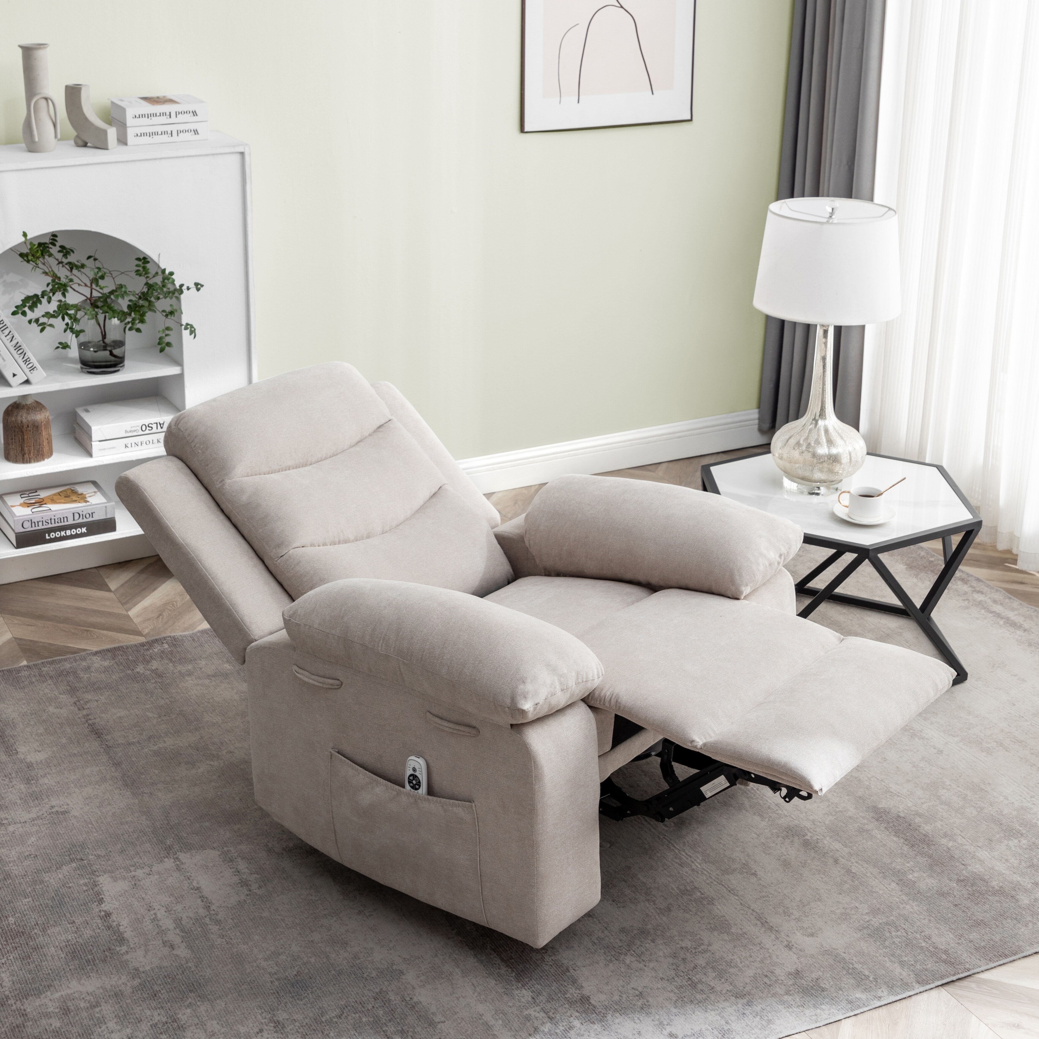 Fauteuil inclinable électrique ergonomique en velours avec massage par vibrations à 8 points, chauffage et poche latérale