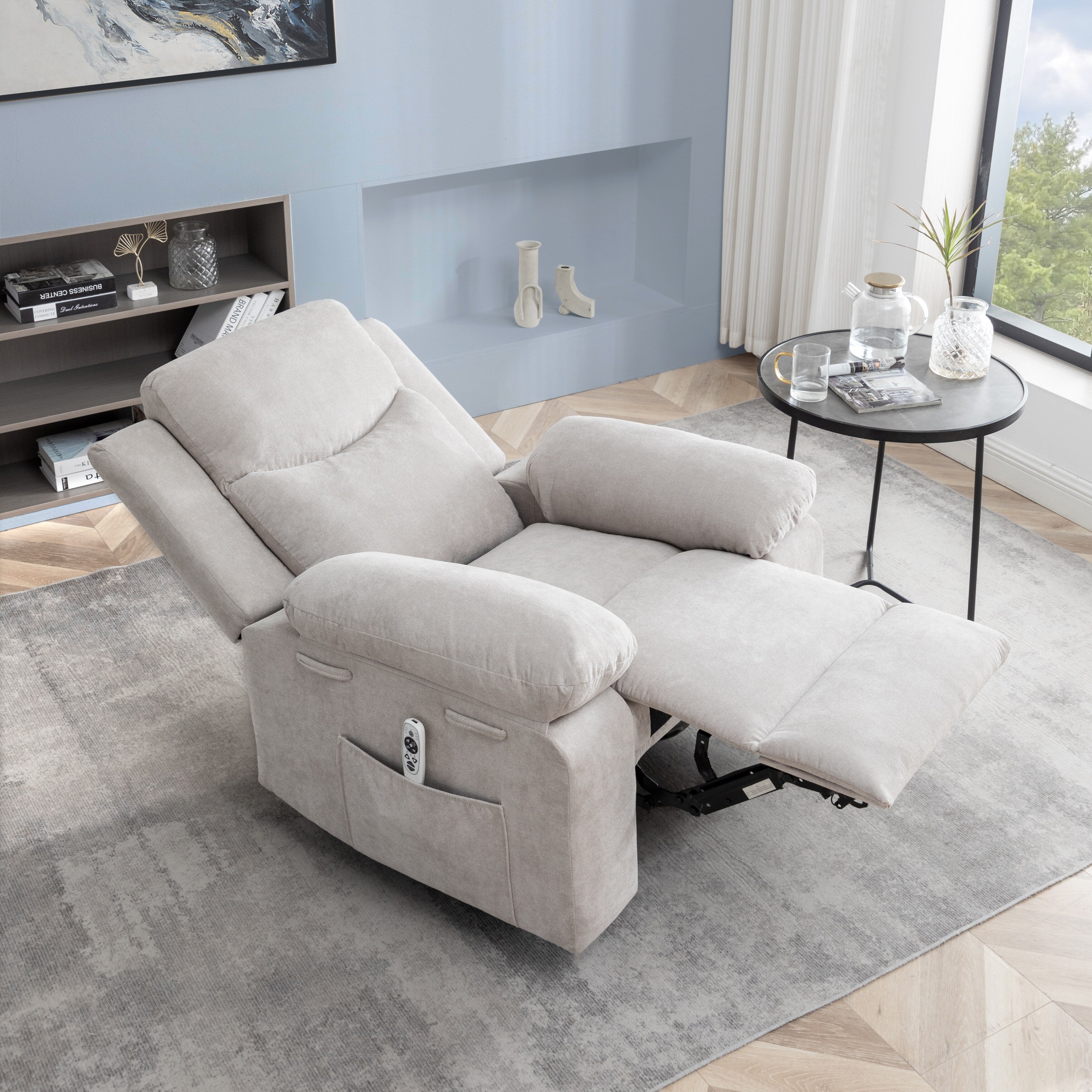 Fauteuil inclinable électrique ergonomique en velours avec massage par vibrations à 8 points, chauffage et poche latérale