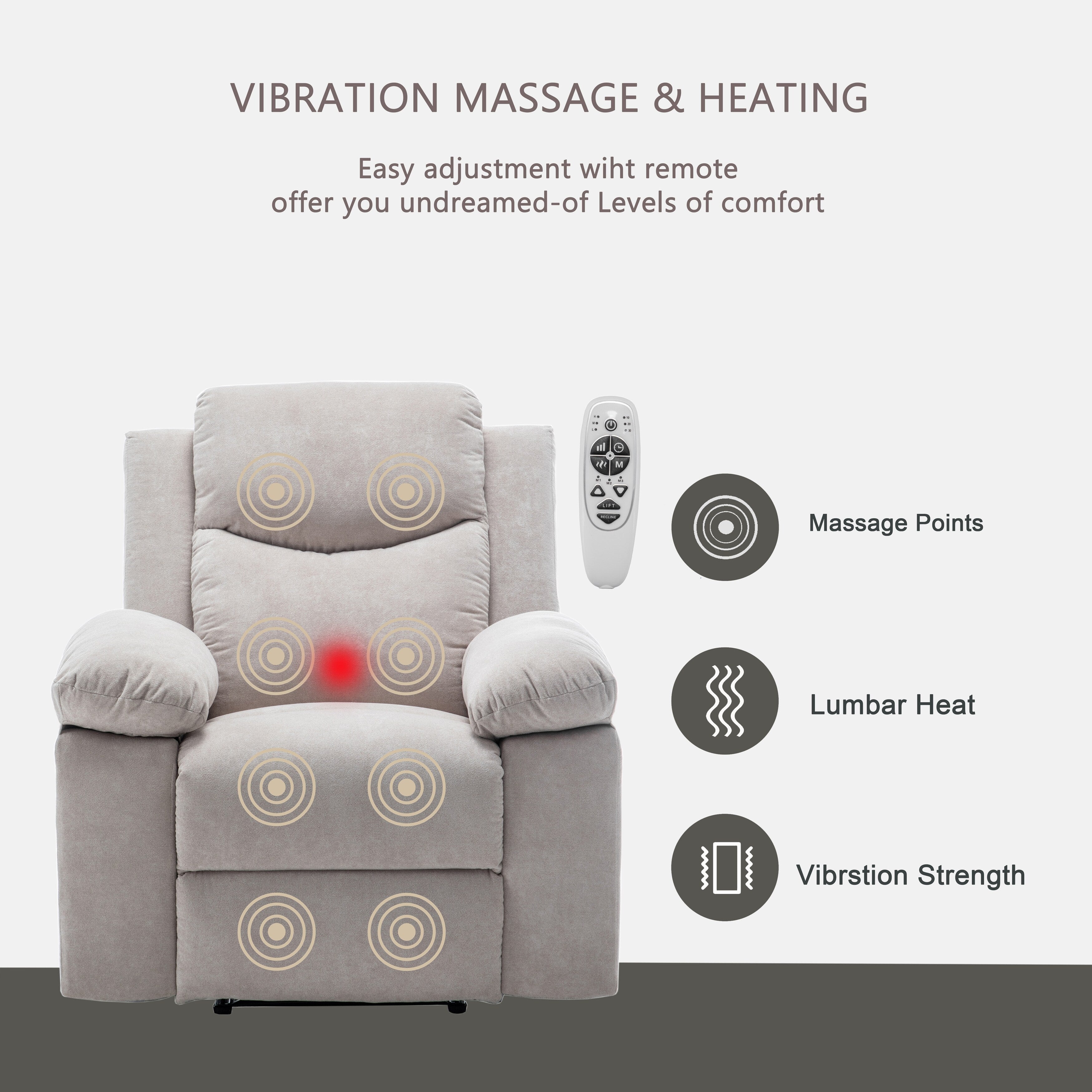 Fauteuil inclinable électrique ergonomique en velours avec massage par vibrations à 8 points, chauffage et poche latérale