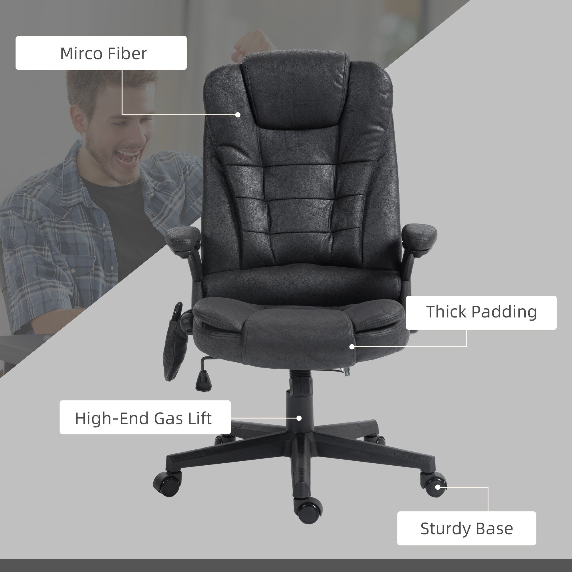 Fauteuil de bureau ergonomique chauffant et massant, inclinable, dossier haut, avec vibrations à 6 points et hauteur réglable